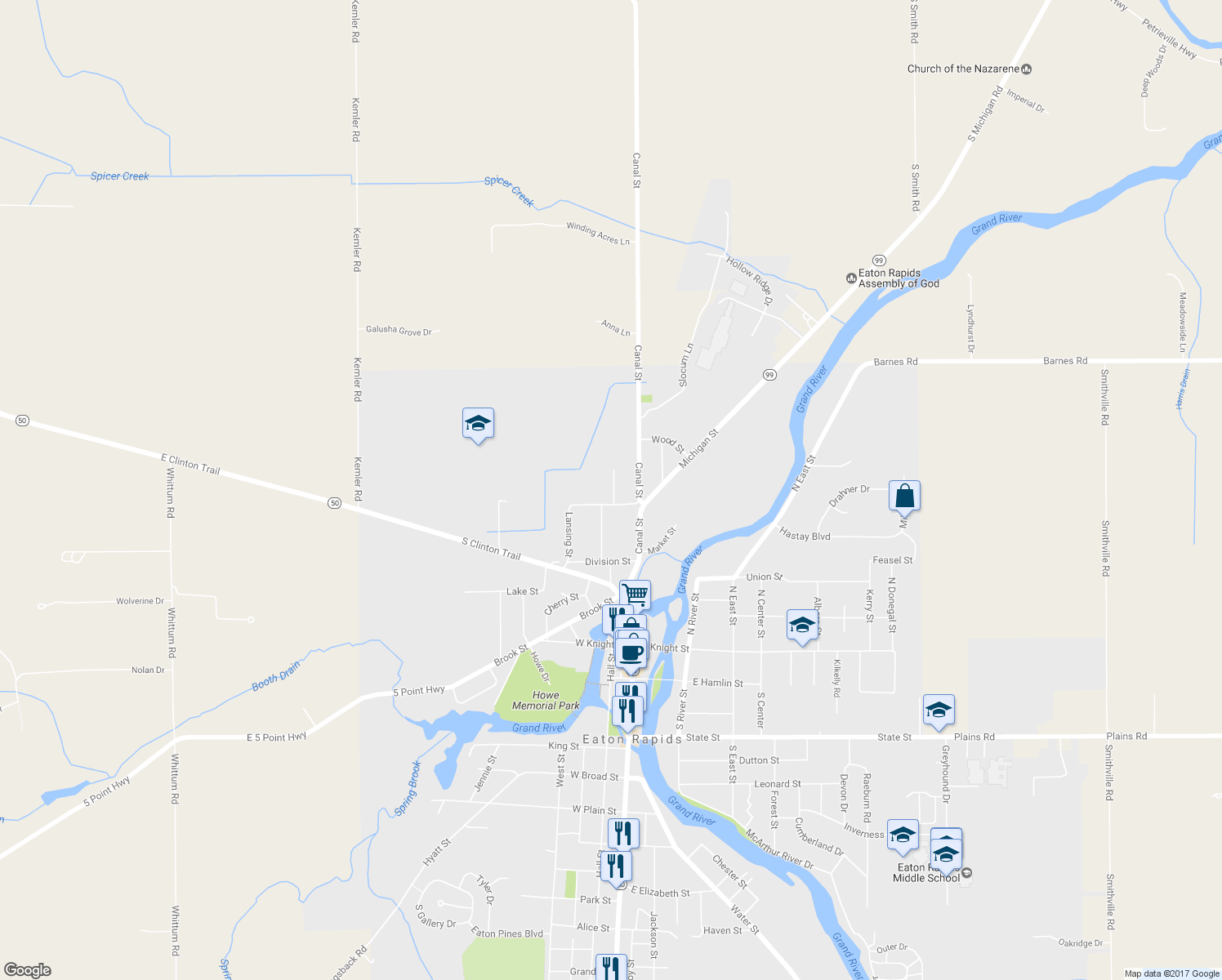 map of restaurants, bars, coffee shops, grocery stores, and more near 511 Clark Street in Eaton Rapids