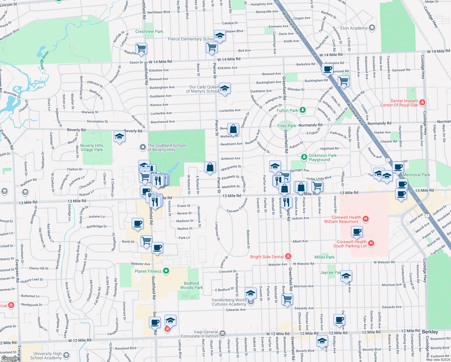 map of restaurants, bars, coffee shops, grocery stores, and more near 16249 Elizabeth Street in Beverly Hills