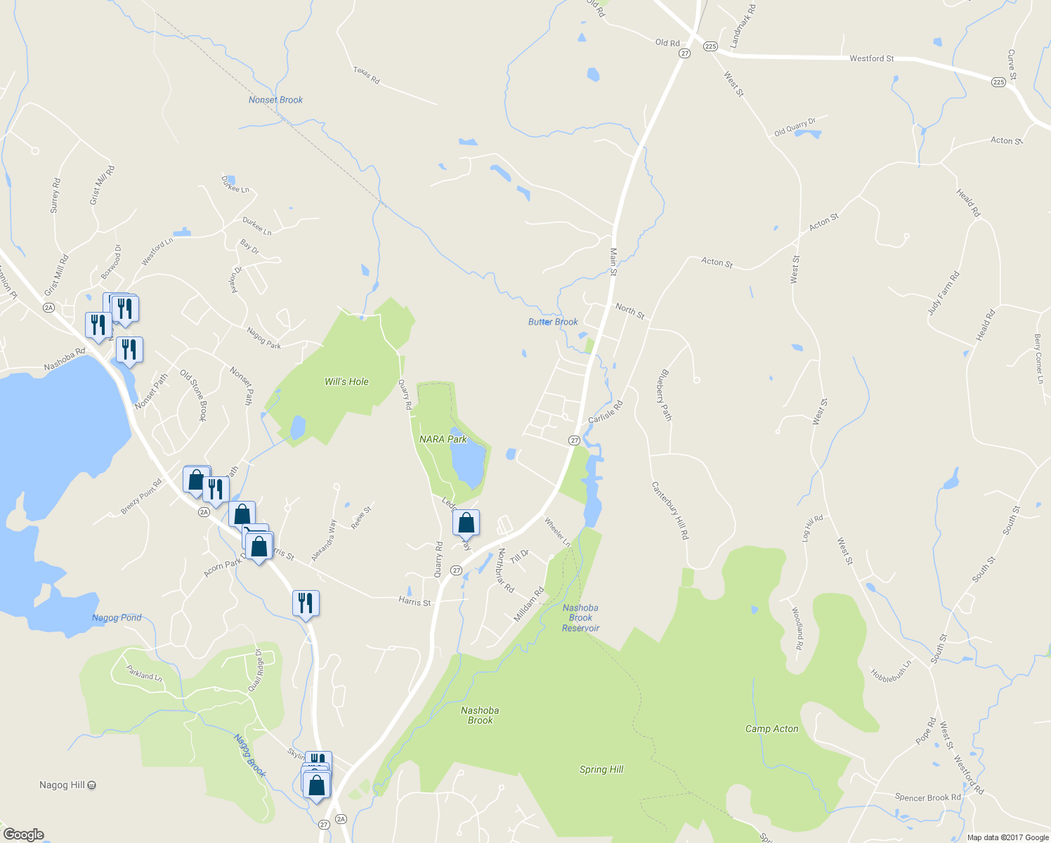 map of restaurants, bars, coffee shops, grocery stores, and more near 31 Hartland Way in Acton