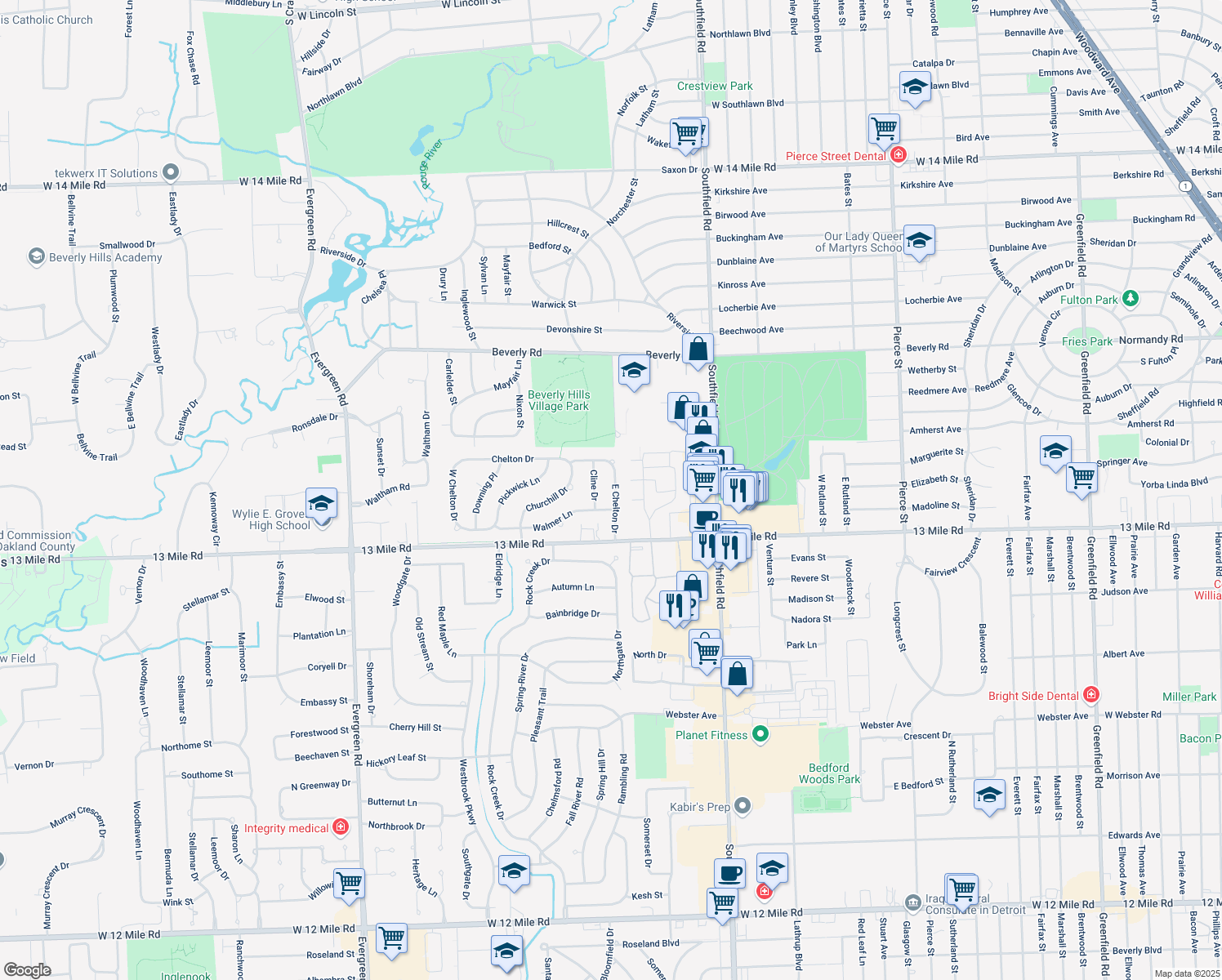map of restaurants, bars, coffee shops, grocery stores, and more near 18589 East Chelton Drive in Beverly Hills