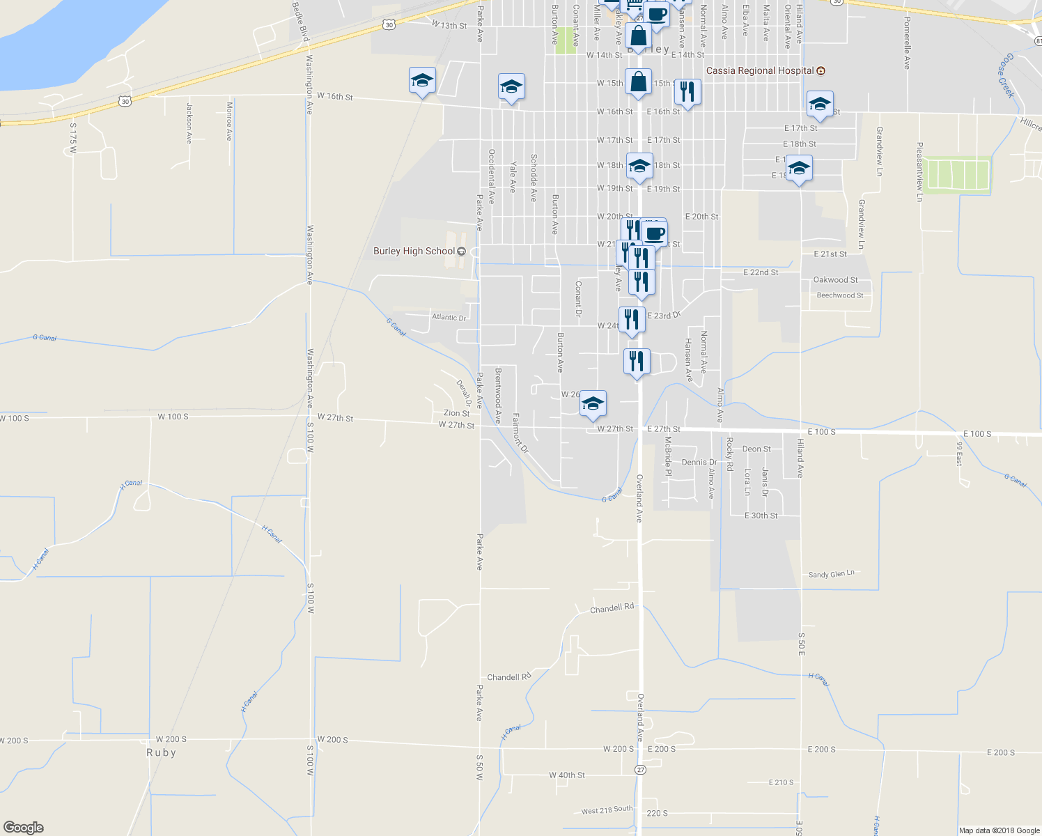 map of restaurants, bars, coffee shops, grocery stores, and more near 2691 Fairmont Drive in Burley