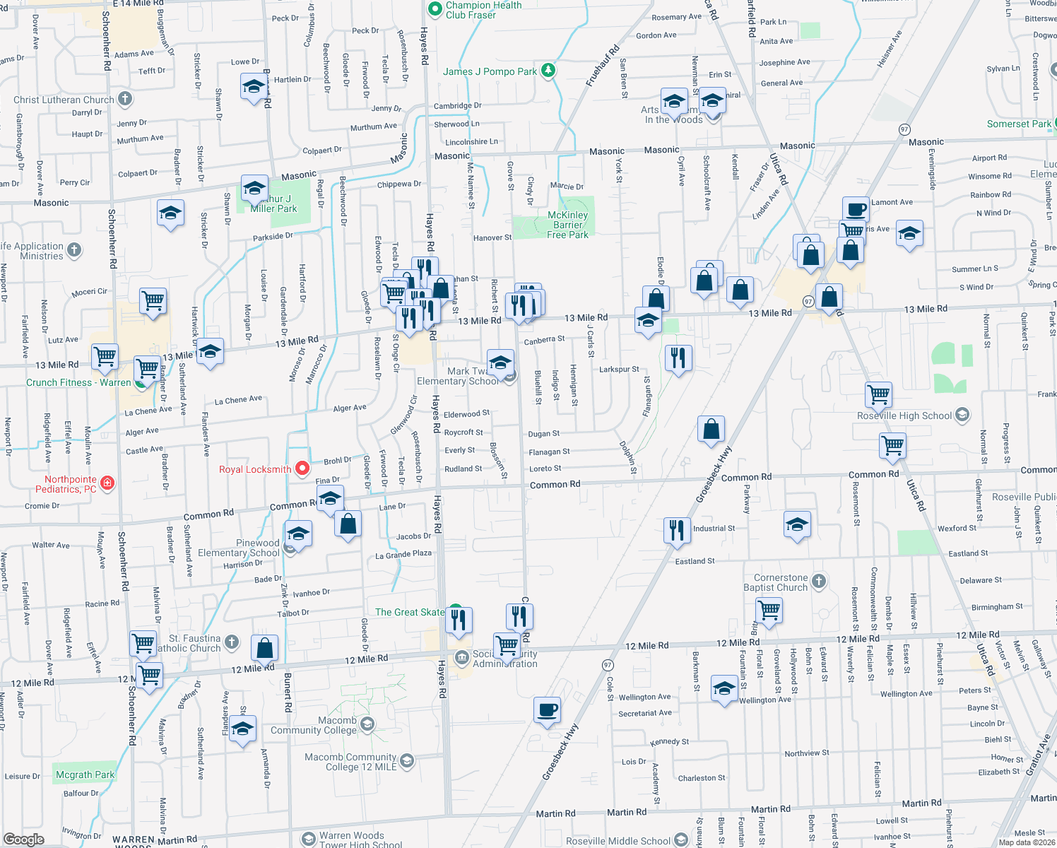 map of restaurants, bars, coffee shops, grocery stores, and more near 30236 Calahan Rd in Roseville