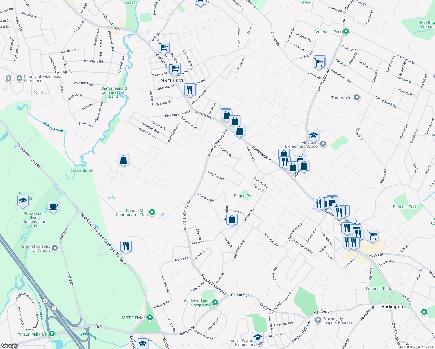 map of restaurants, bars, coffee shops, grocery stores, and more near 8 Wing Terrace in Burlington