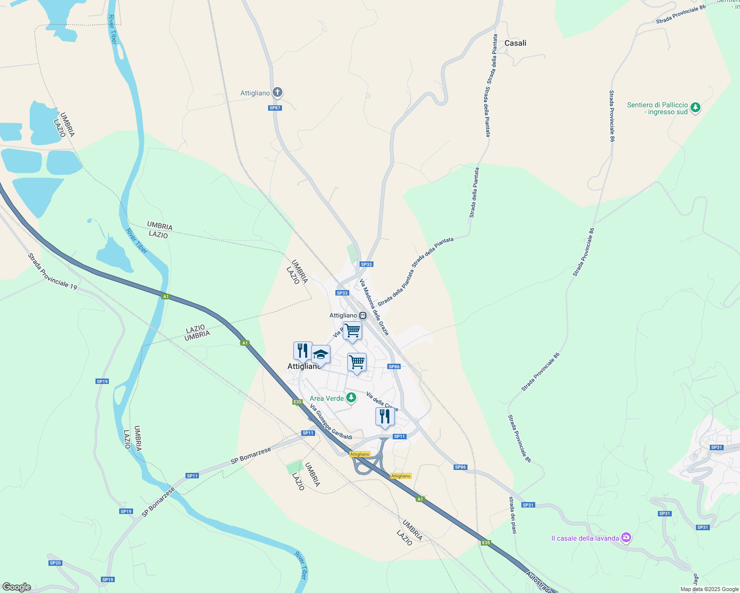 map of restaurants, bars, coffee shops, grocery stores, and more near 25 Via Madonna delle Grazie in Attigliano