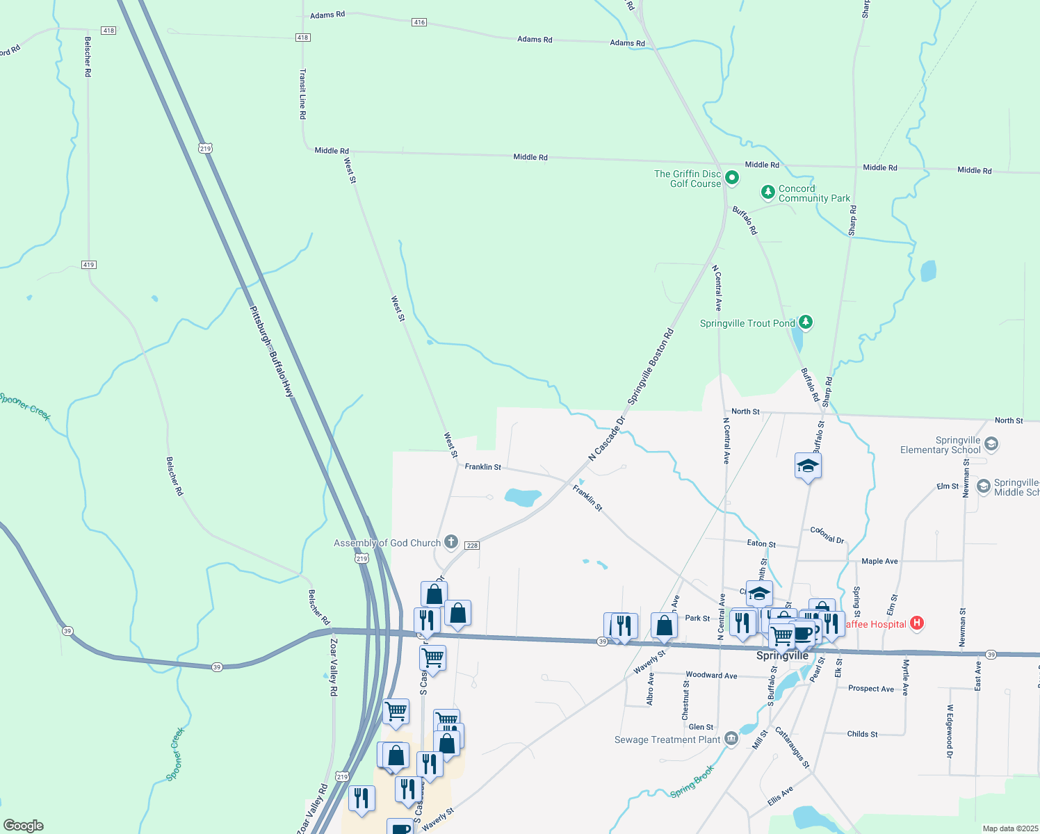 map of restaurants, bars, coffee shops, grocery stores, and more near 59 Woodland Heights in Springville