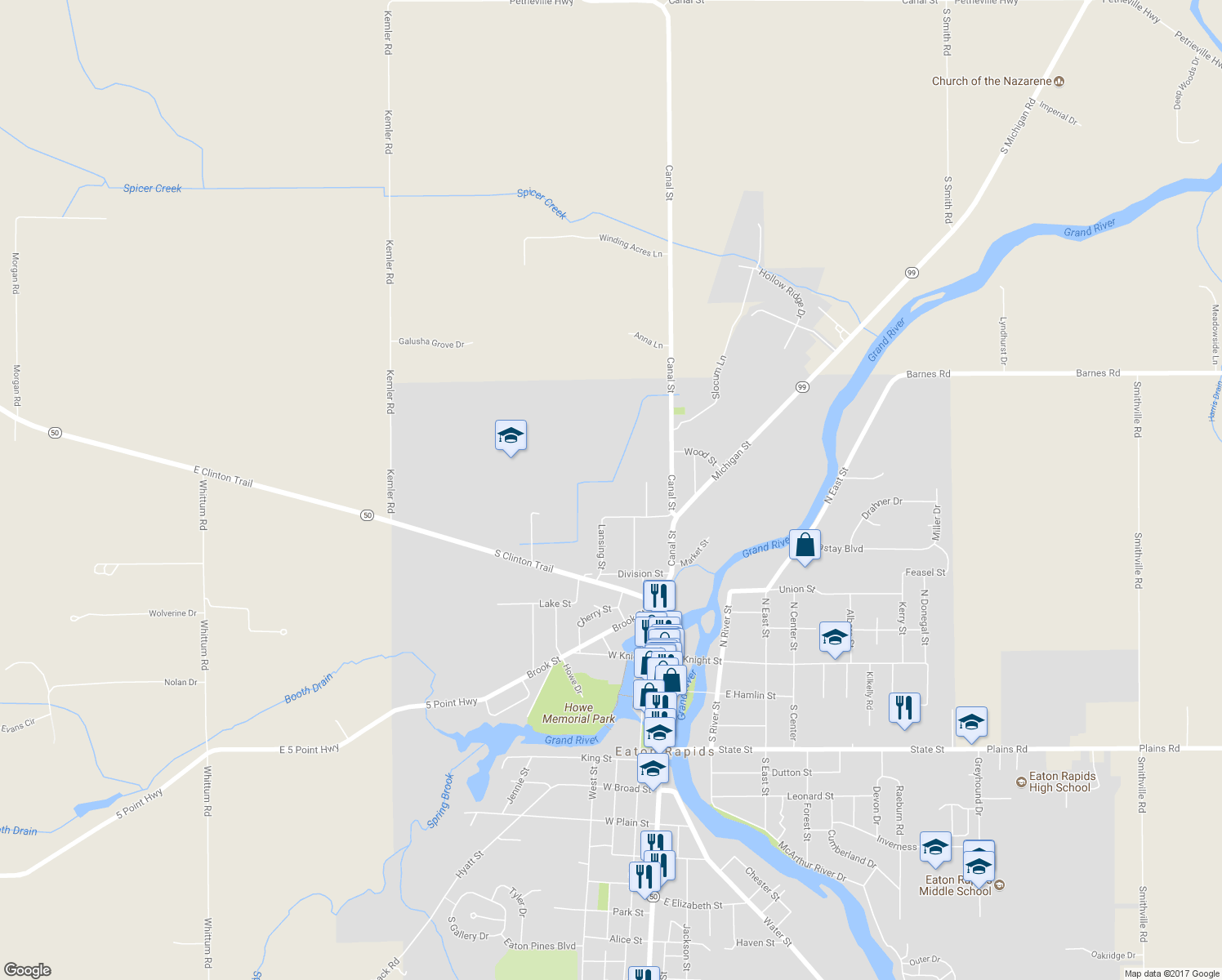 map of restaurants, bars, coffee shops, grocery stores, and more near 528 Lansing Street in Eaton Rapids