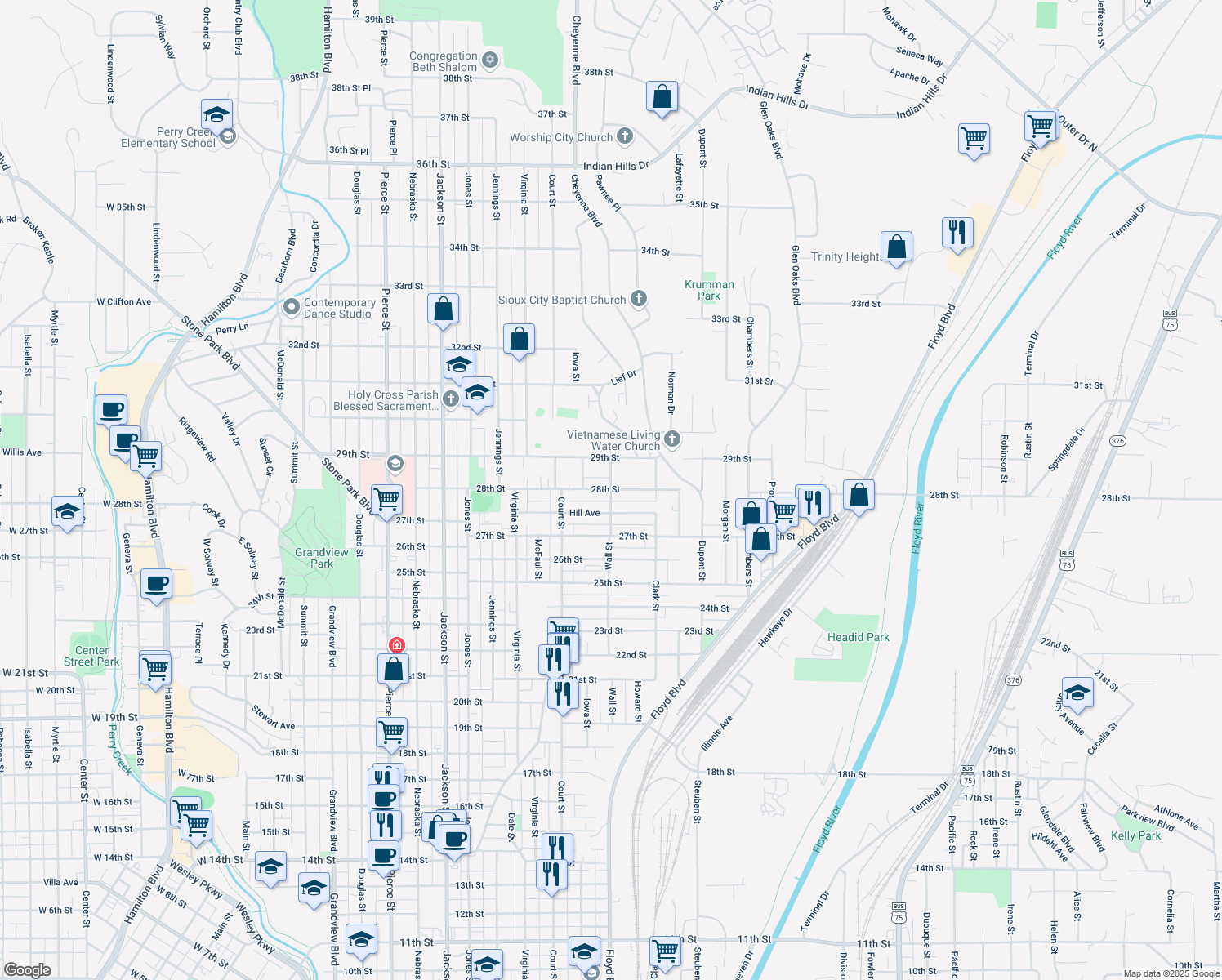 map of restaurants, bars, coffee shops, grocery stores, and more near 2798 Wall St in Sioux City