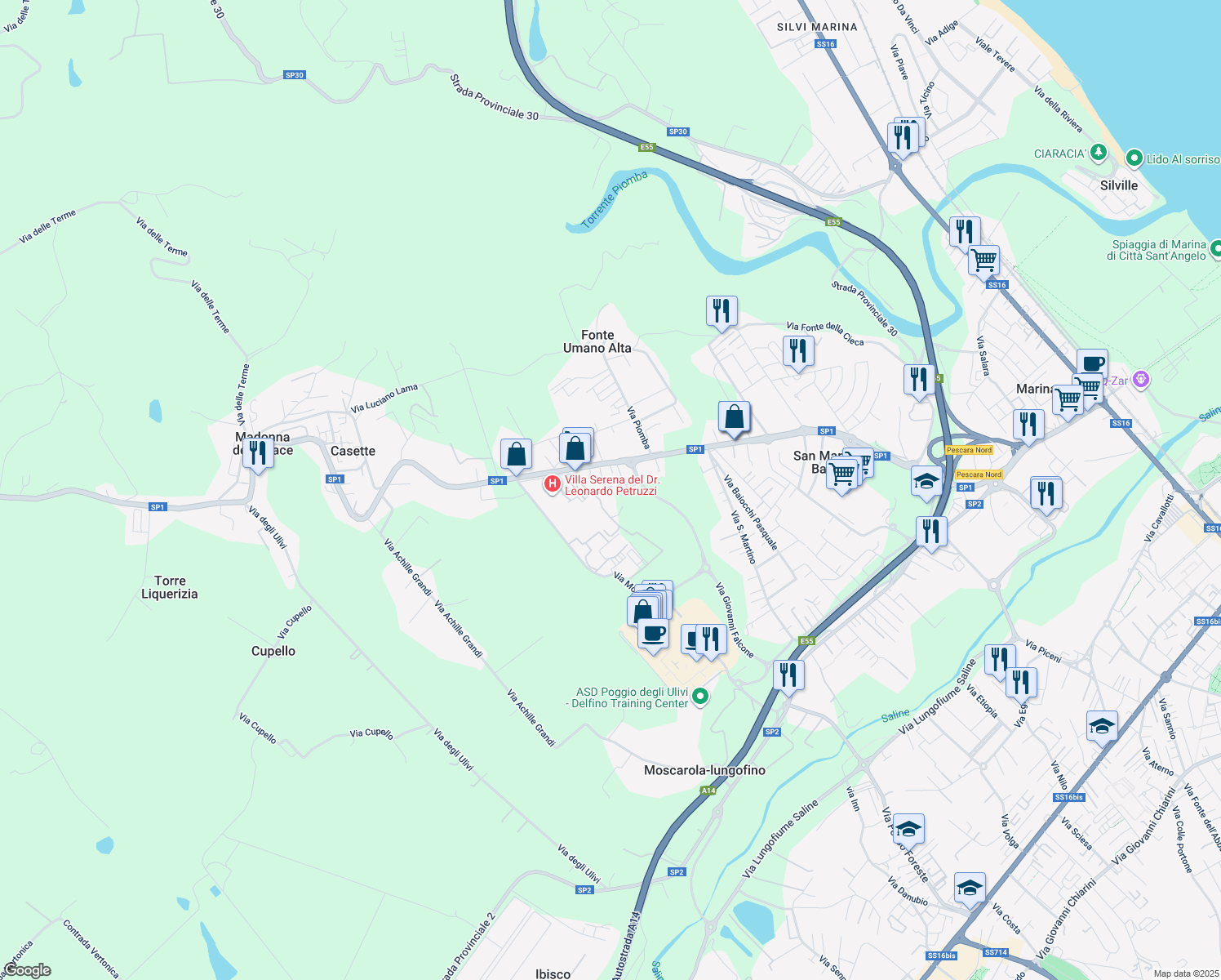 map of restaurants, bars, coffee shops, grocery stores, and more near 54 Via Petruzzi Leonardo in Fonte Umano-san Martino Alta