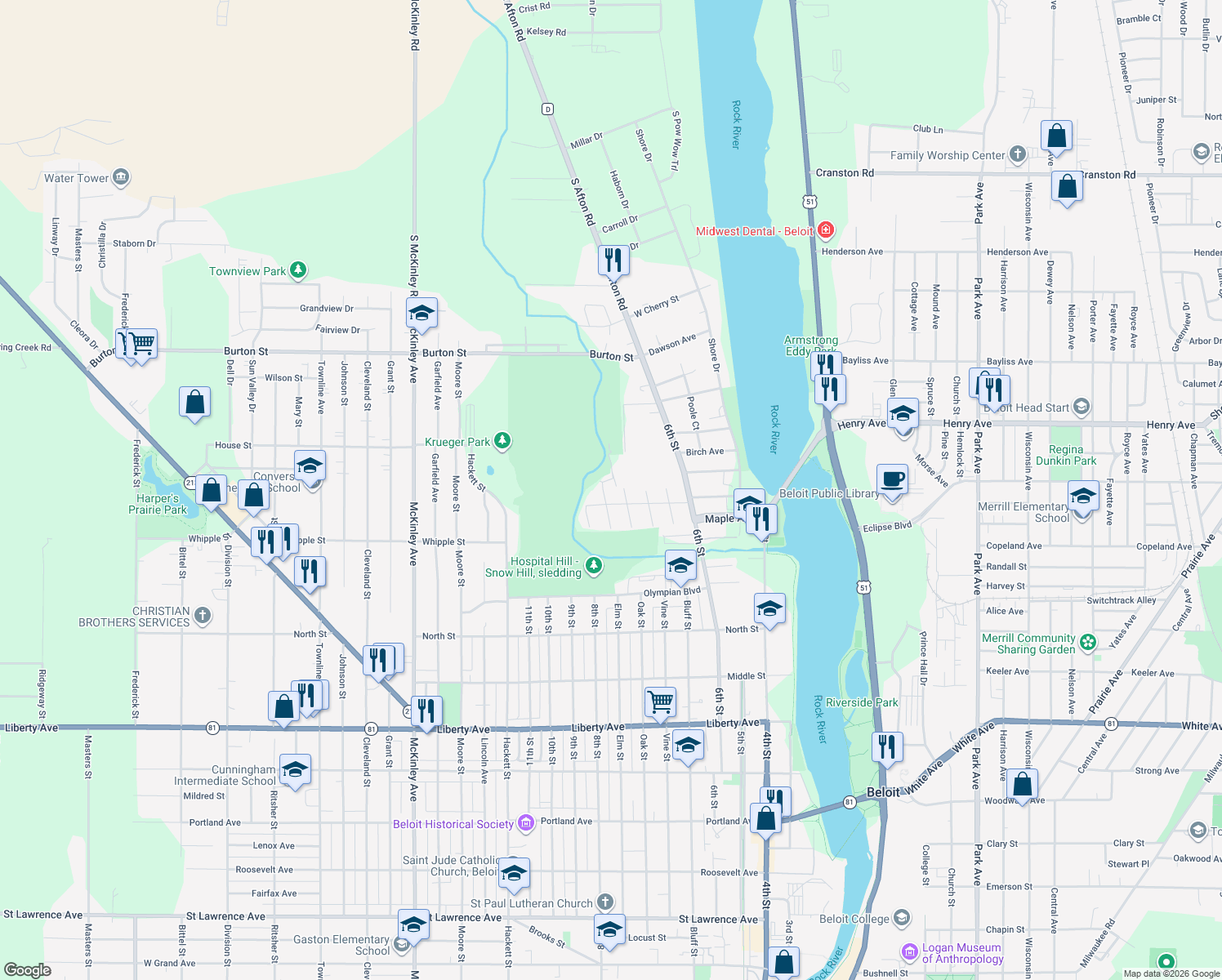 map of restaurants, bars, coffee shops, grocery stores, and more near 1613 Elm Street in Beloit