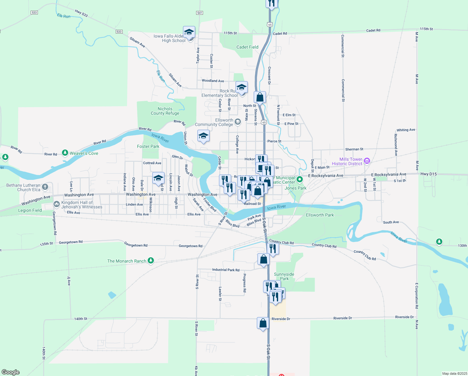 map of restaurants, bars, coffee shops, grocery stores, and more near 809 Estes St in Iowa Falls