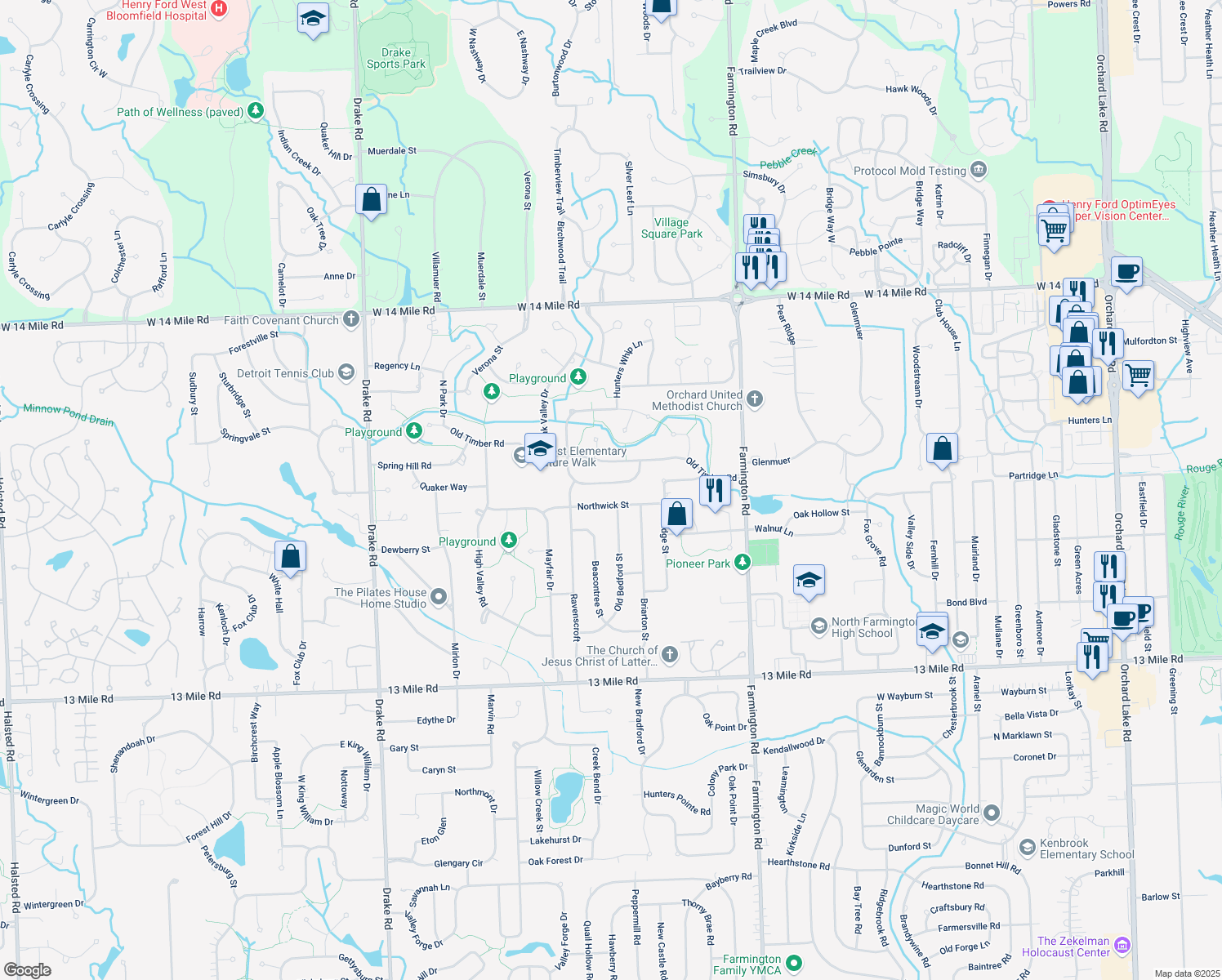 map of restaurants, bars, coffee shops, grocery stores, and more near 33987 Glouster Circle in Farmington Hills