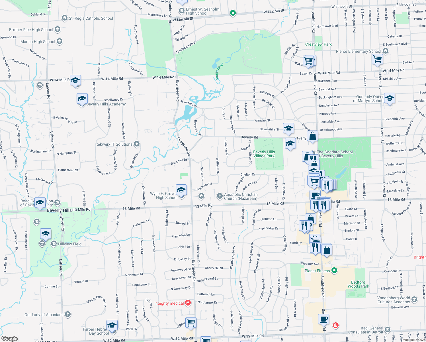 map of restaurants, bars, coffee shops, grocery stores, and more near 19592 Wilshire Blvd in Beverly Hills