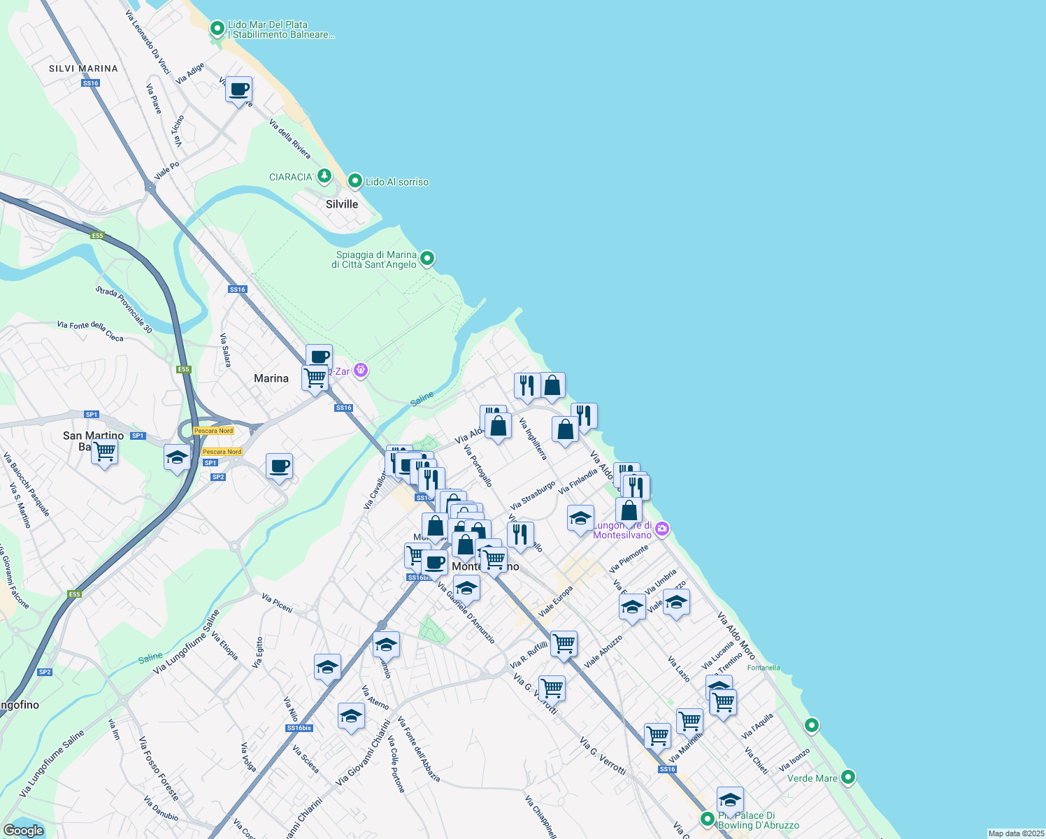 map of restaurants, bars, coffee shops, grocery stores, and more near 63 Via Aldo Moro in Montesilvano