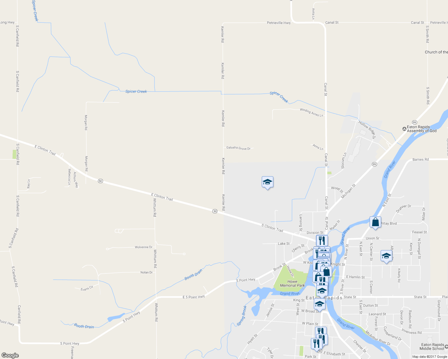 map of restaurants, bars, coffee shops, grocery stores, and more near 3121 Kemler Road in Eaton Rapids