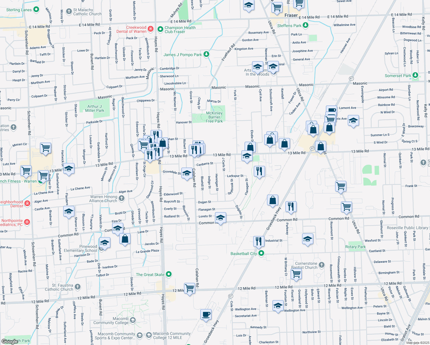 map of restaurants, bars, coffee shops, grocery stores, and more near 30653 Hennigan Street in Roseville