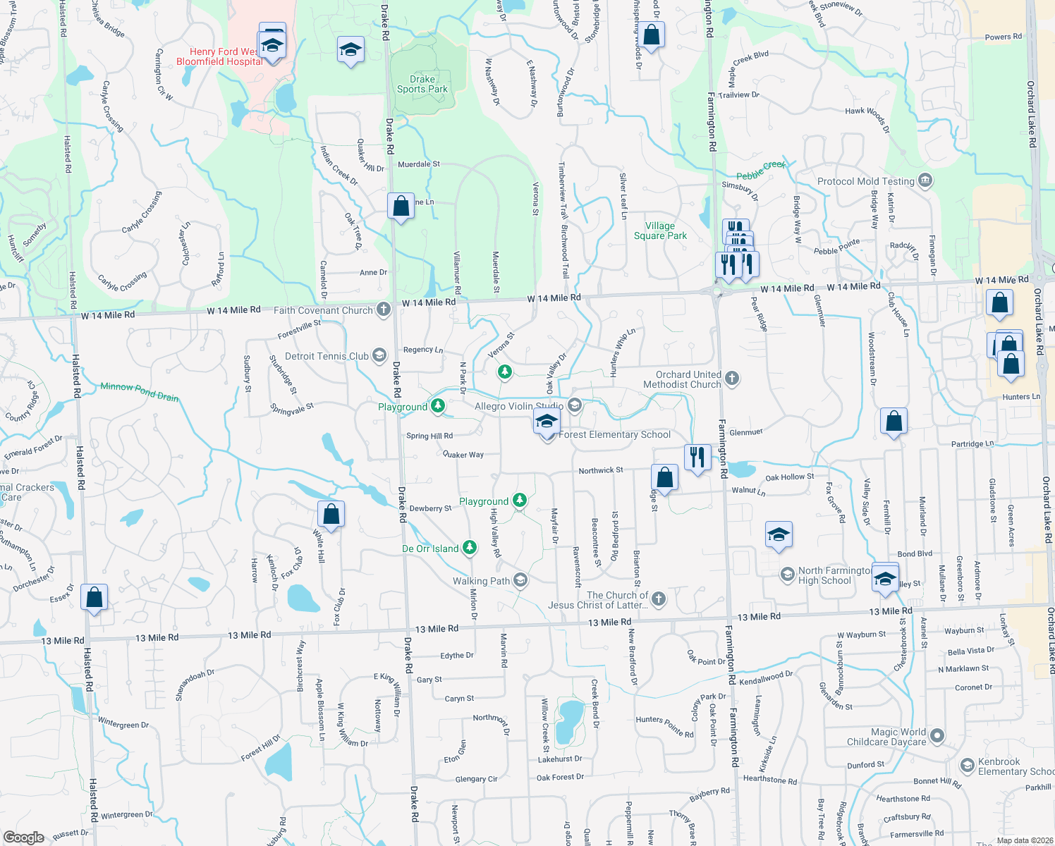 map of restaurants, bars, coffee shops, grocery stores, and more near 34461 Old Timber Road in Farmington Hills