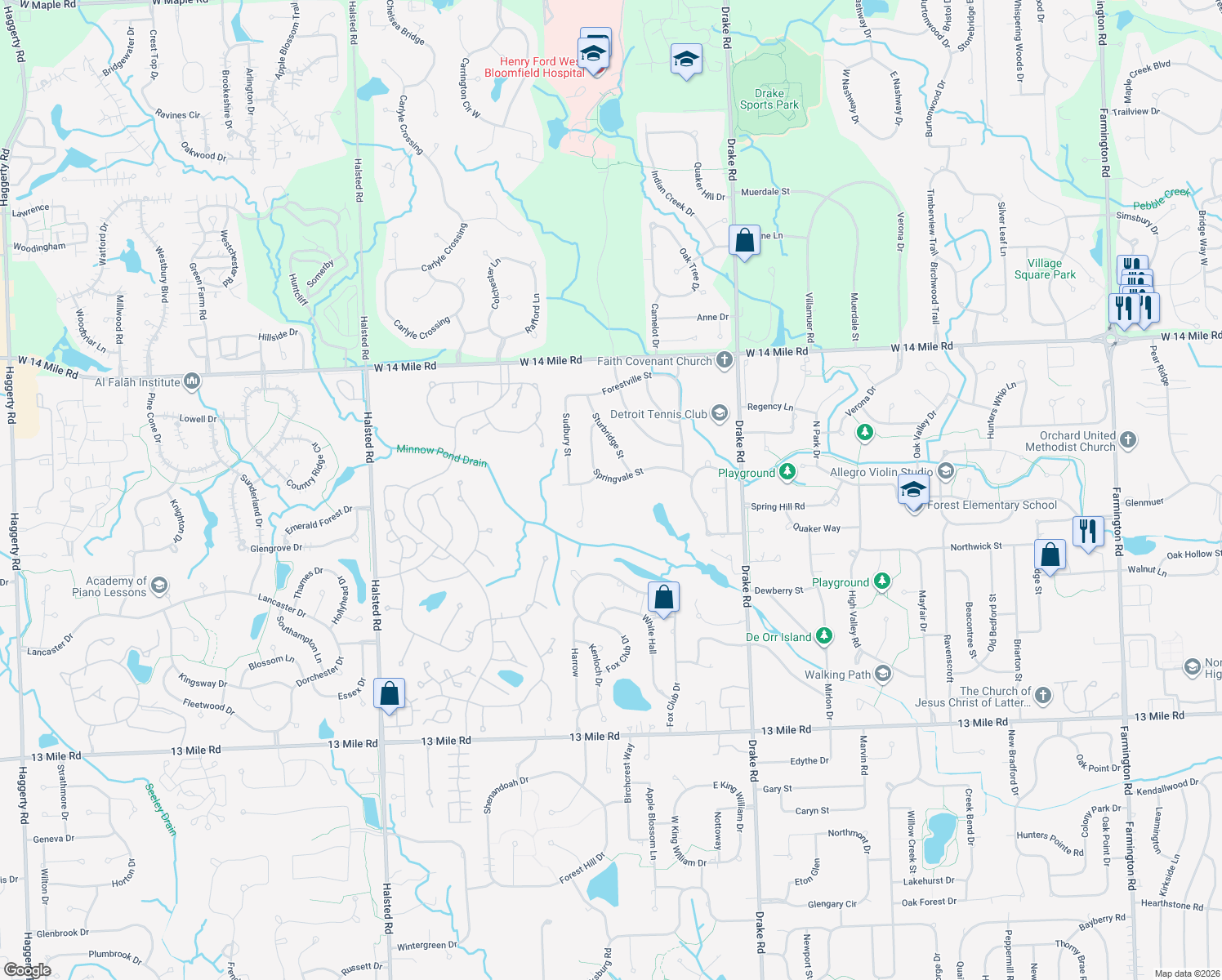 map of restaurants, bars, coffee shops, grocery stores, and more near 35765 Springvale Street in Farmington Hills