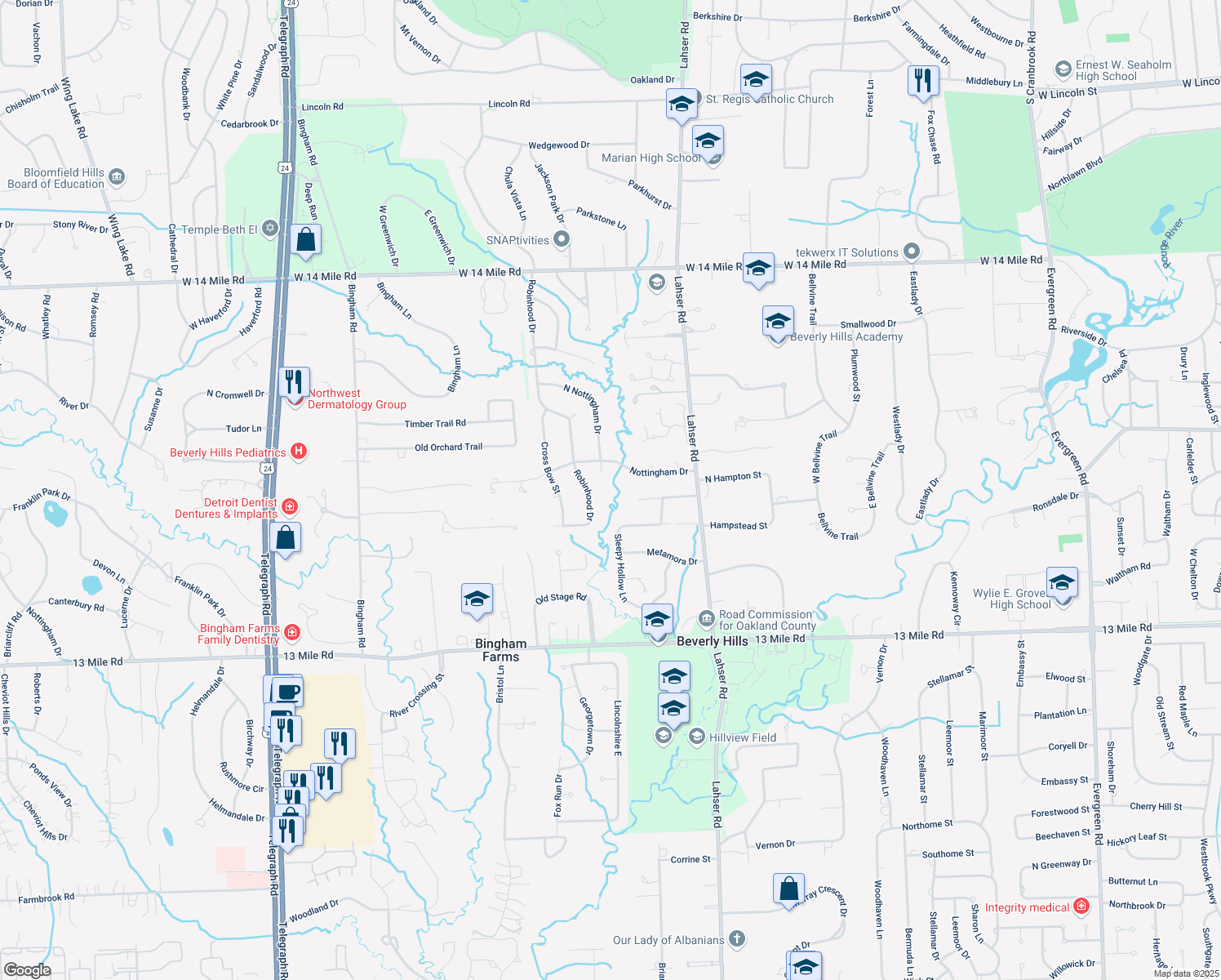 map of restaurants, bars, coffee shops, grocery stores, and more near 22337 Nottingham Court in Beverly Hills