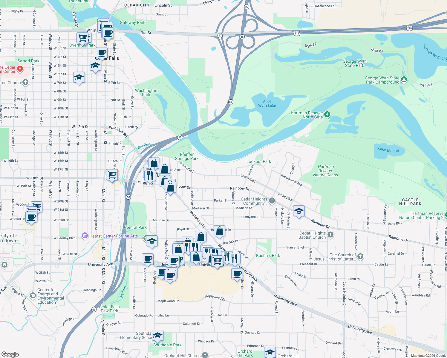 map of restaurants, bars, coffee shops, grocery stores, and more near 1415 Grand Boulevard in Cedar Falls