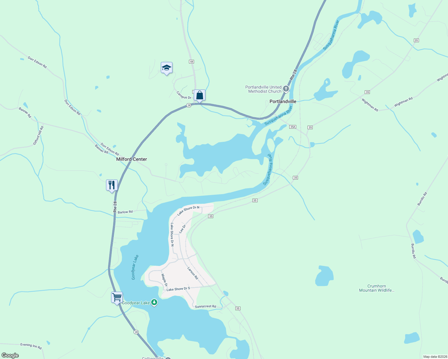map of restaurants, bars, coffee shops, grocery stores, and more near Bob Wilson Road in Oneonta