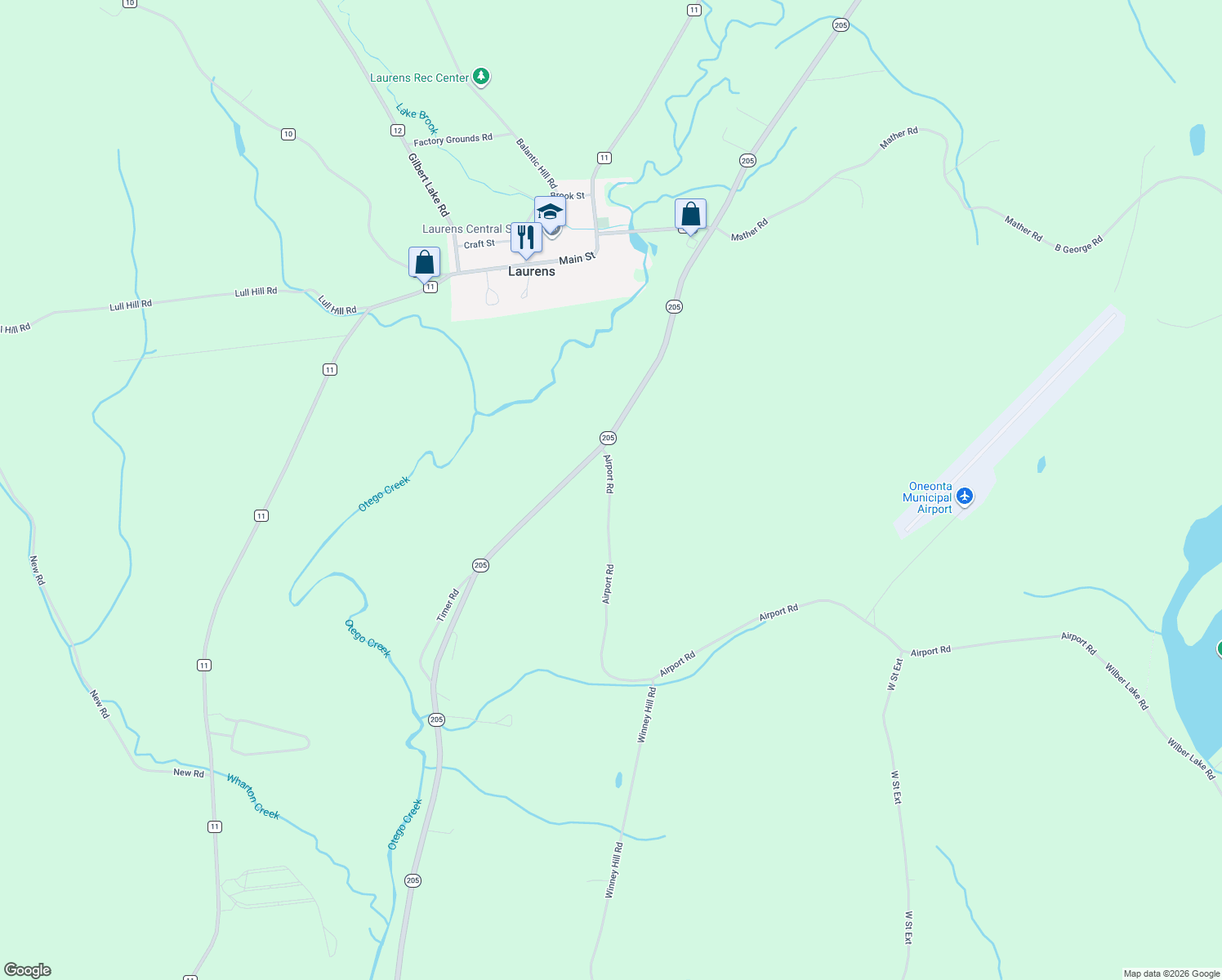 map of restaurants, bars, coffee shops, grocery stores, and more near 215 Airport Road in Oneonta