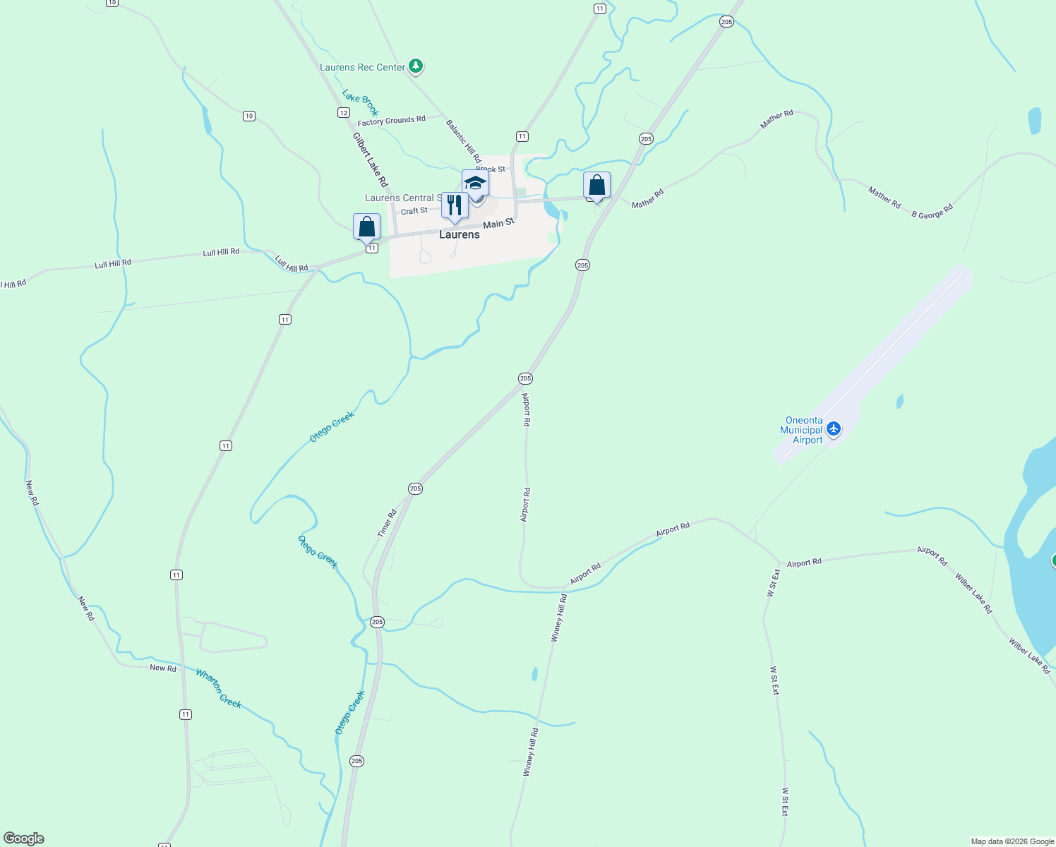 map of restaurants, bars, coffee shops, grocery stores, and more near 125 Airport Road in Oneonta