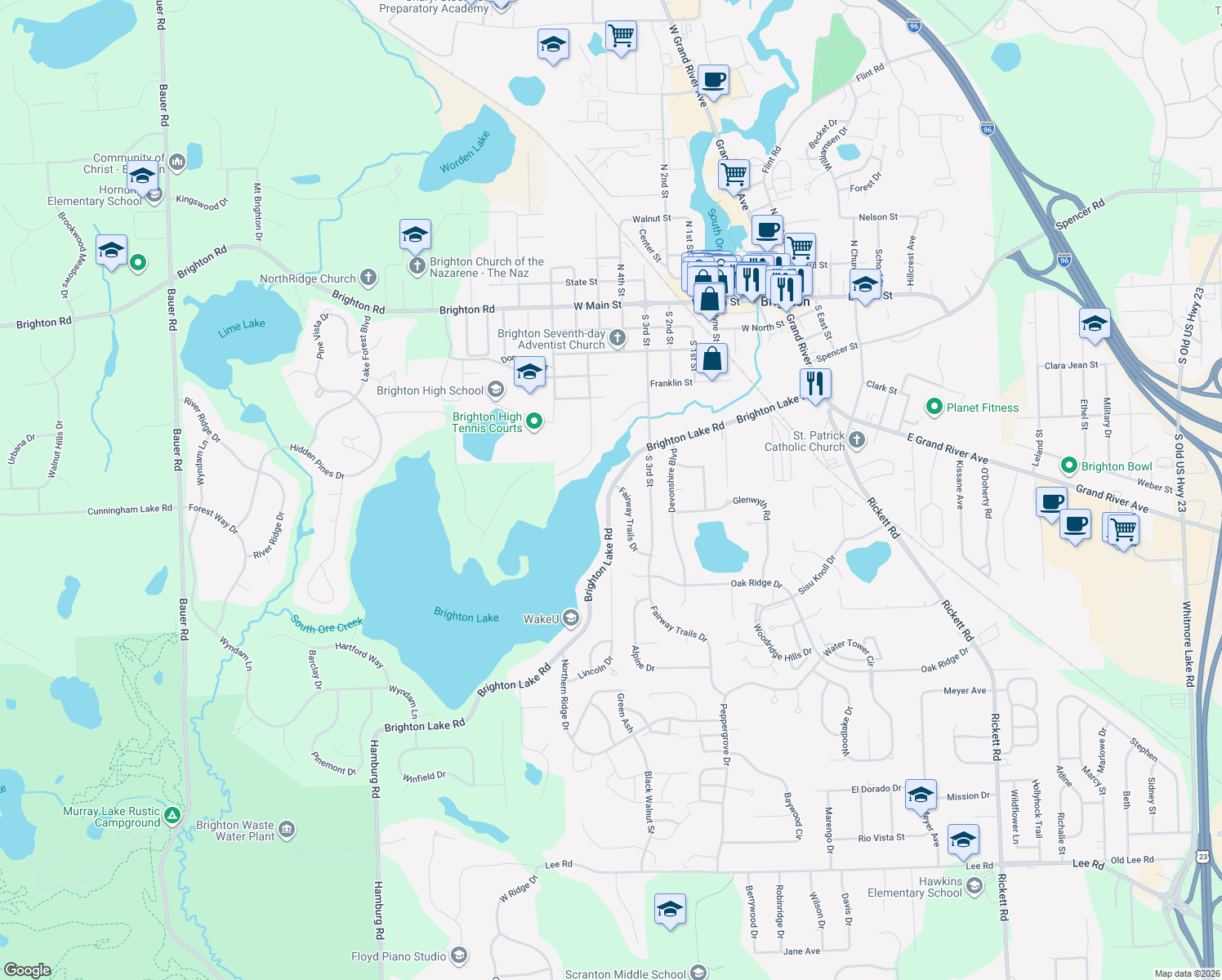 map of restaurants, bars, coffee shops, grocery stores, and more near 940 Brighton Lake Road in Brighton