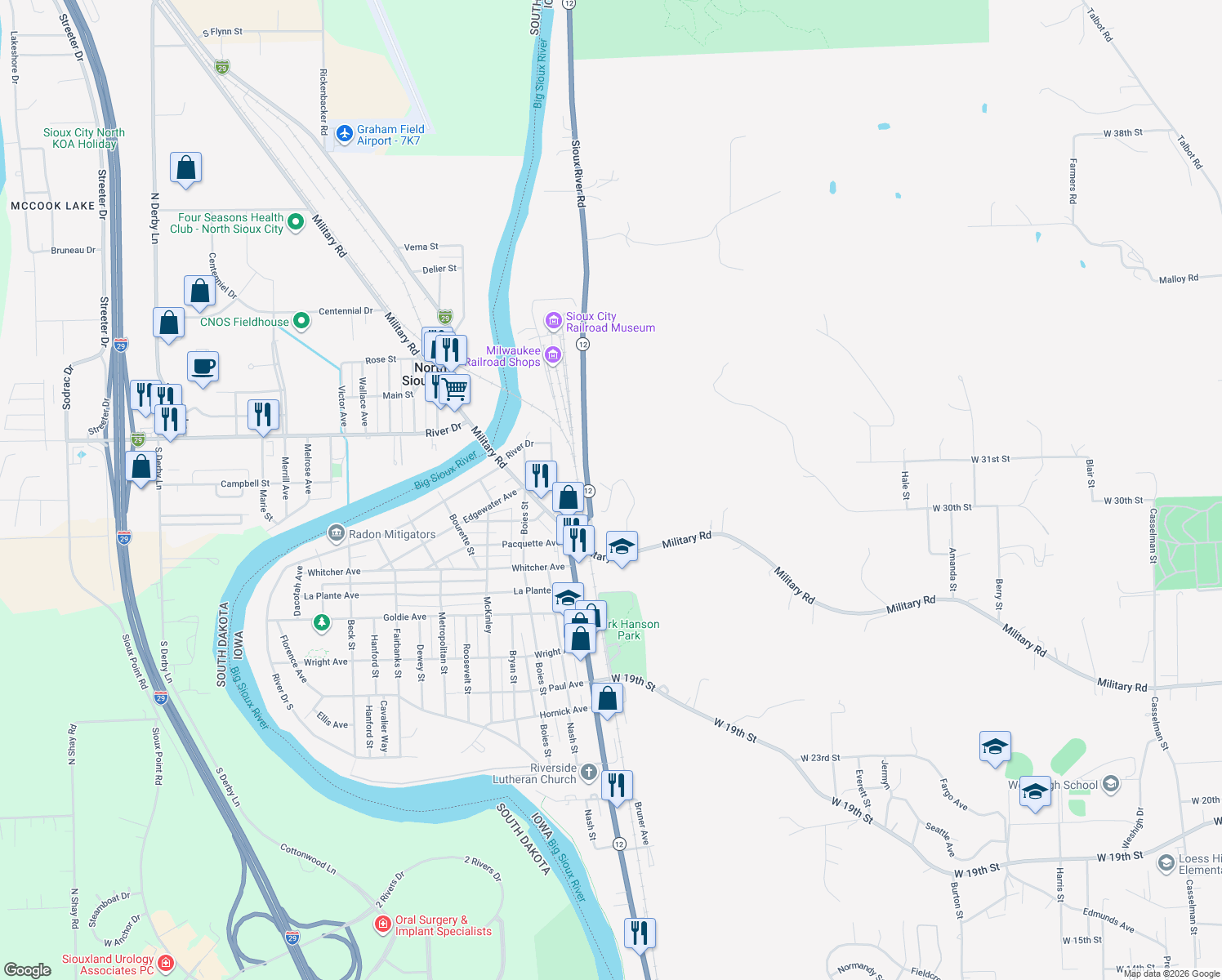 map of restaurants, bars, coffee shops, grocery stores, and more near 2698 Wilson Street in Sioux City