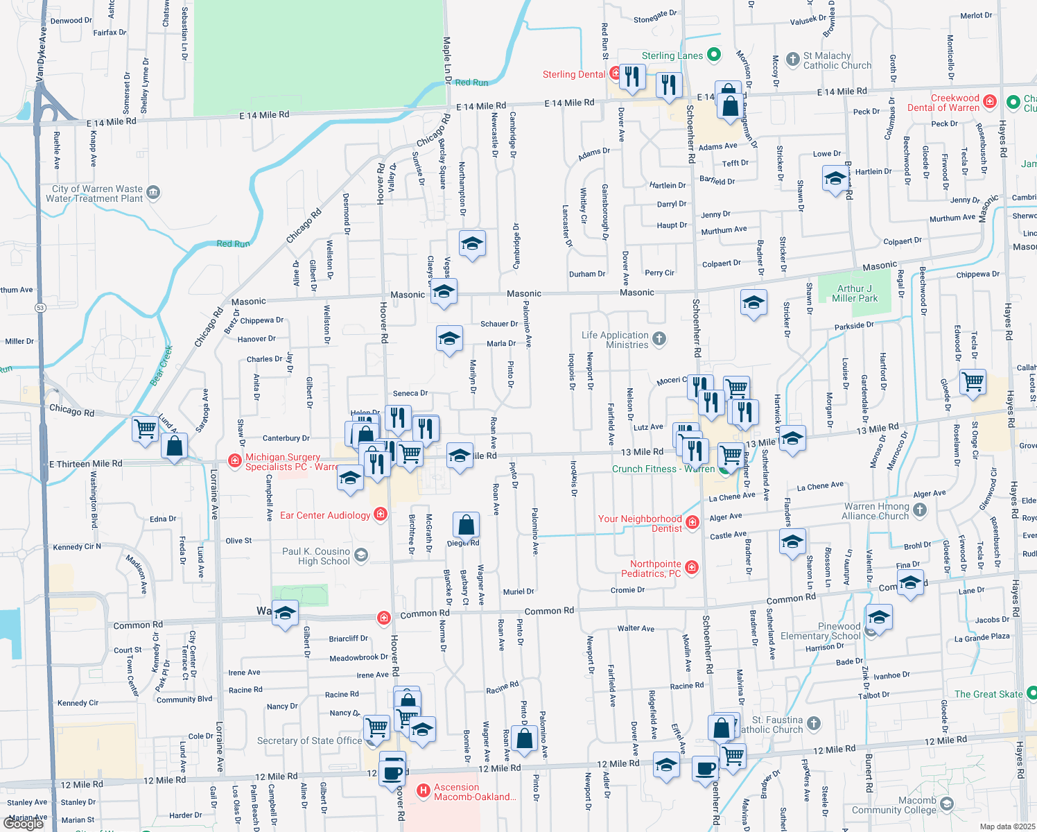 map of restaurants, bars, coffee shops, grocery stores, and more near 12354 Canterbury Drive in Warren