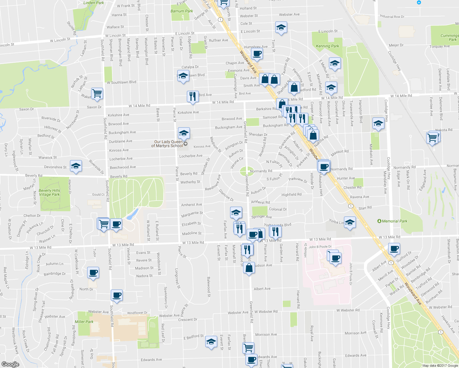 map of restaurants, bars, coffee shops, grocery stores, and more near 31702 Auburn Drive in Beverly Hills