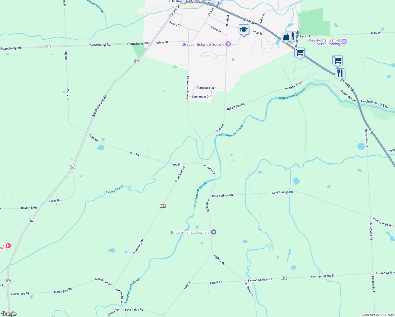 map of restaurants, bars, coffee shops, grocery stores, and more near 6679 Waterburg Rd in Trumansburg
