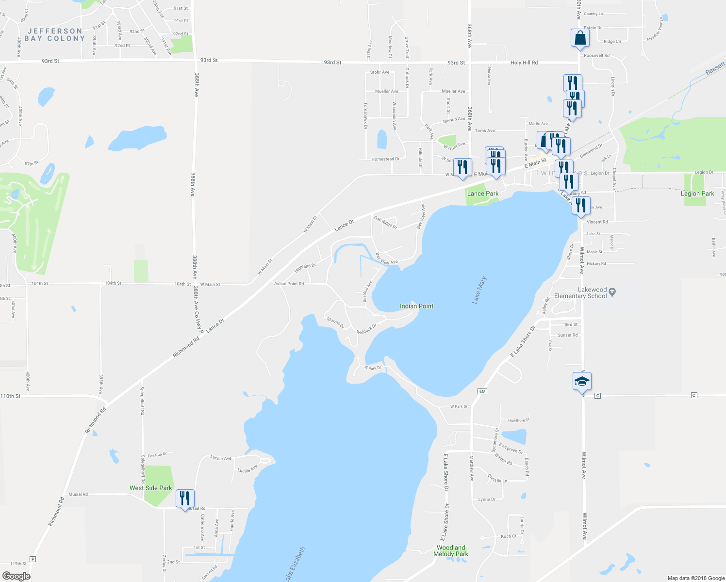 map of restaurants, bars, coffee shops, grocery stores, and more near 602 Valerie Lane in Twin Lakes