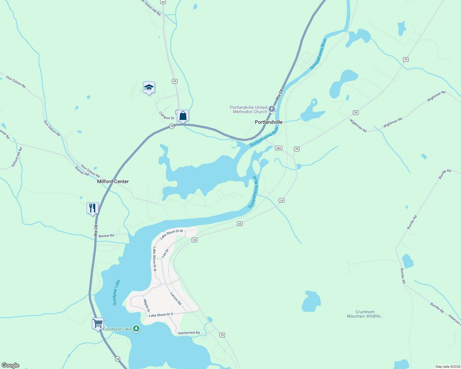 map of restaurants, bars, coffee shops, grocery stores, and more near Bob Wilson Road in Oneonta