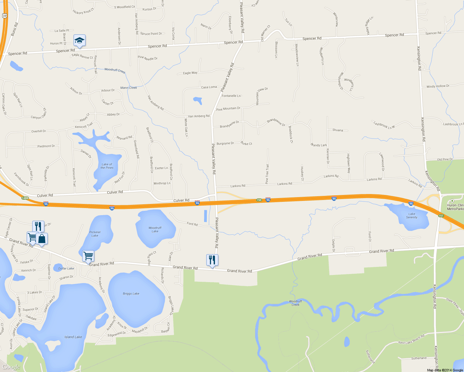 map of restaurants, bars, coffee shops, grocery stores, and more near 11705 Larkins Rd in Brighton