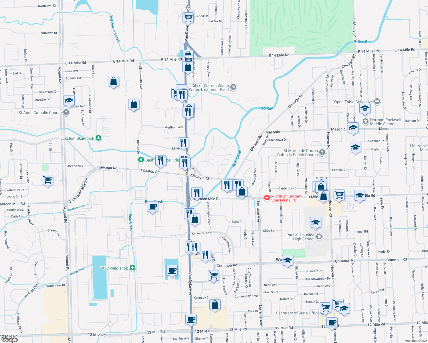 map of restaurants, bars, coffee shops, grocery stores, and more near 8301 Chicago Rd in Warren