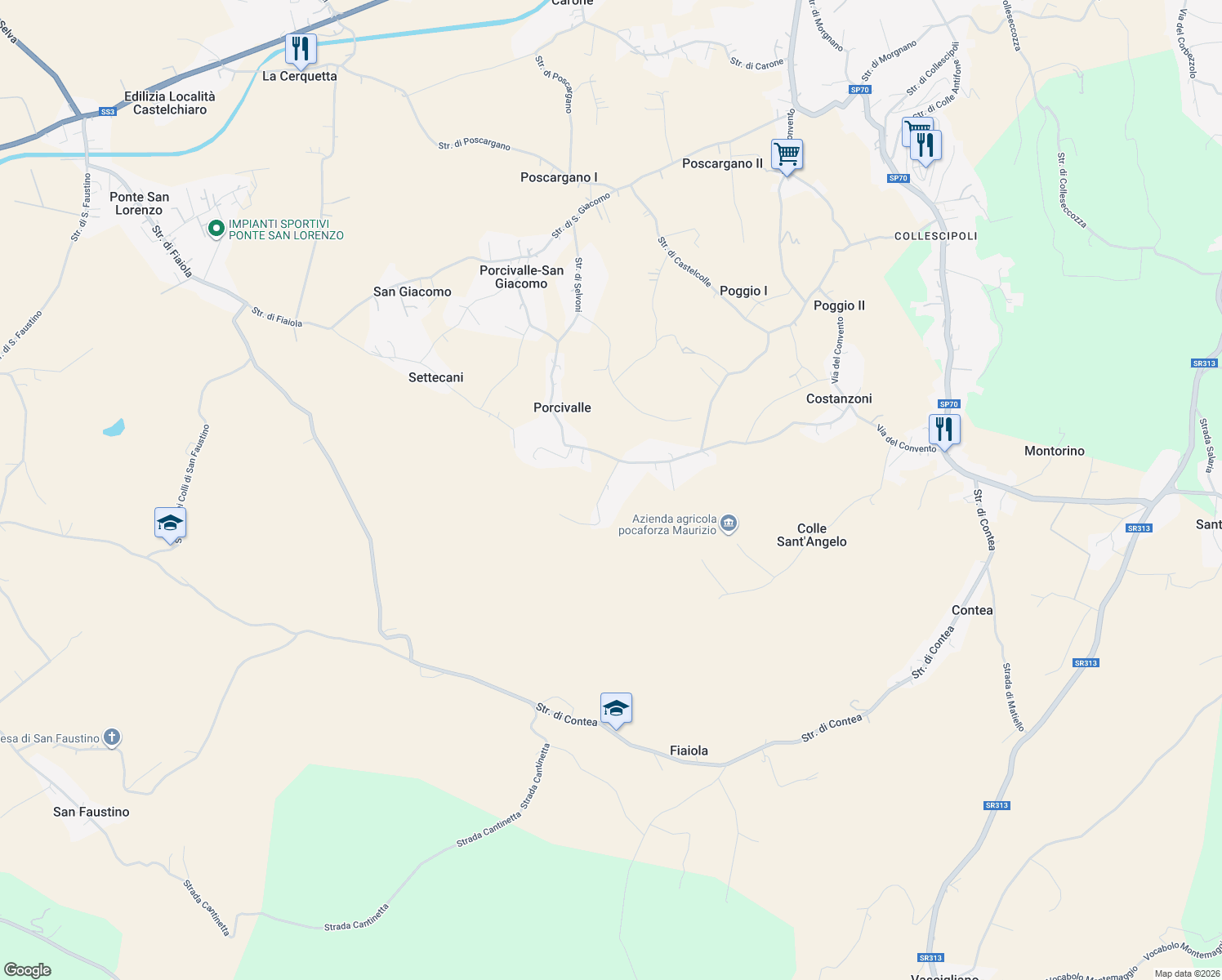 map of restaurants, bars, coffee shops, grocery stores, and more near 68 Strada di Porcivalle in Provincia di Terni