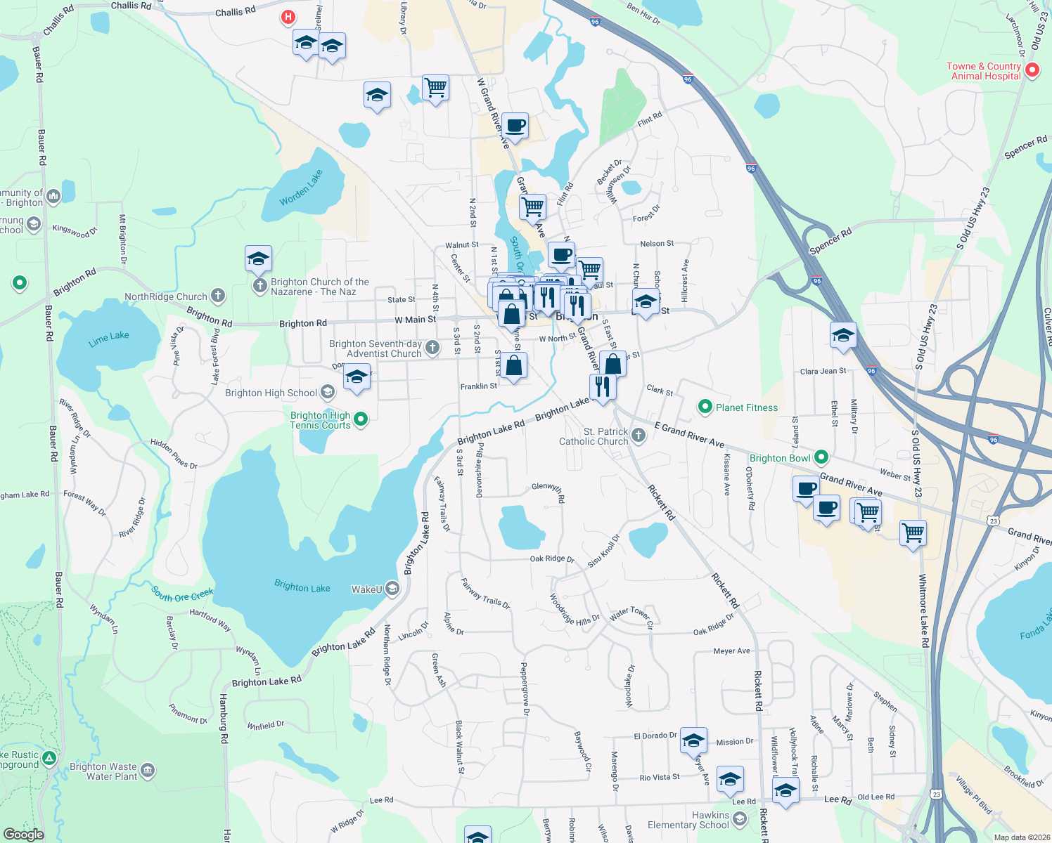 map of restaurants, bars, coffee shops, grocery stores, and more near 400 Brighton Lake Road in Brighton