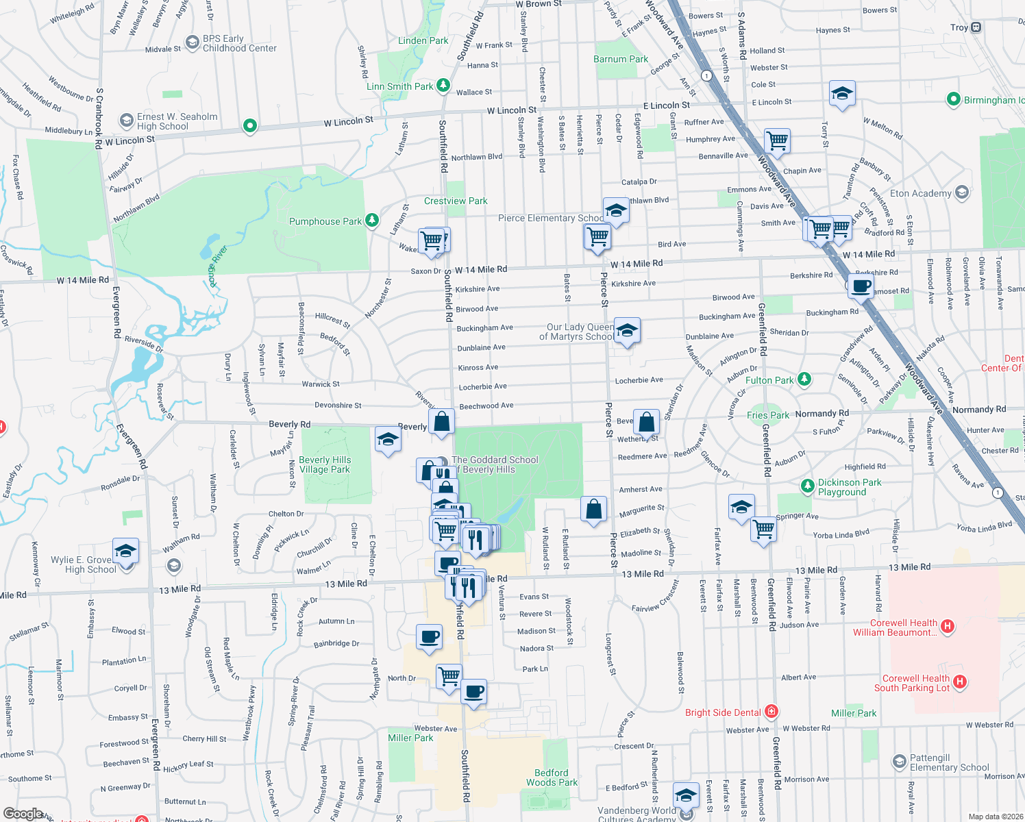 map of restaurants, bars, coffee shops, grocery stores, and more near 17371 Beechwood Avenue in Beverly Hills