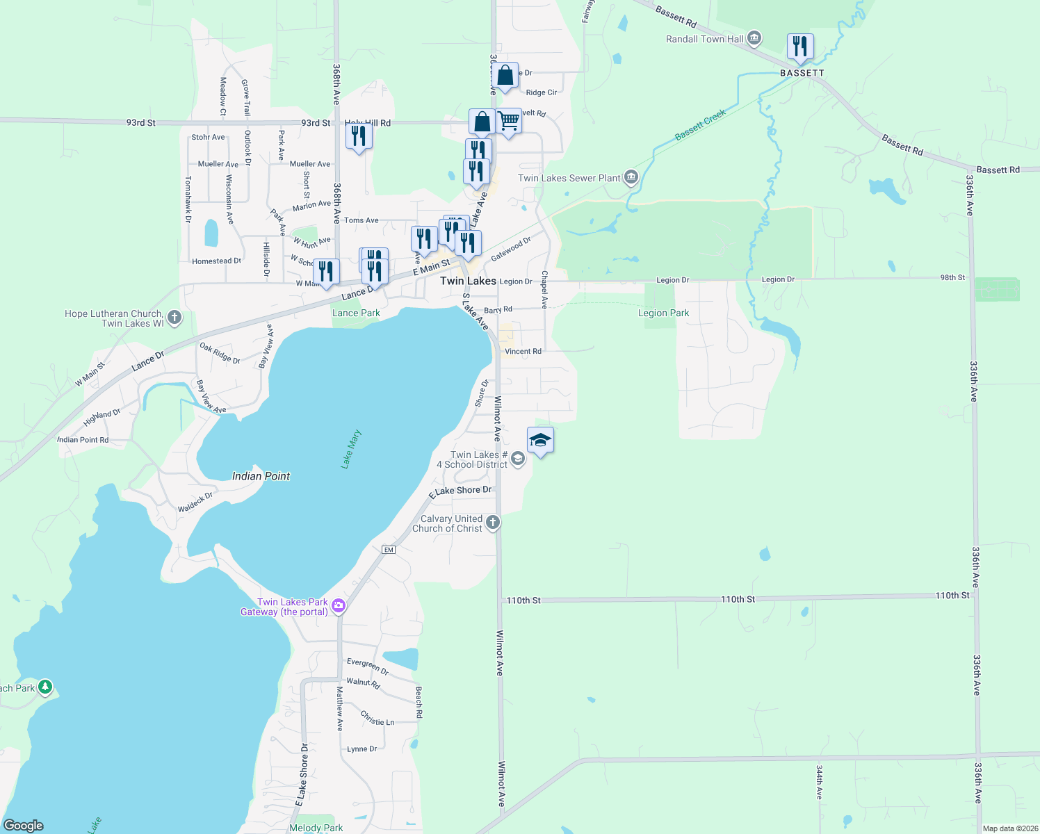 map of restaurants, bars, coffee shops, grocery stores, and more near 627 Hickory Rd in Twin Lakes