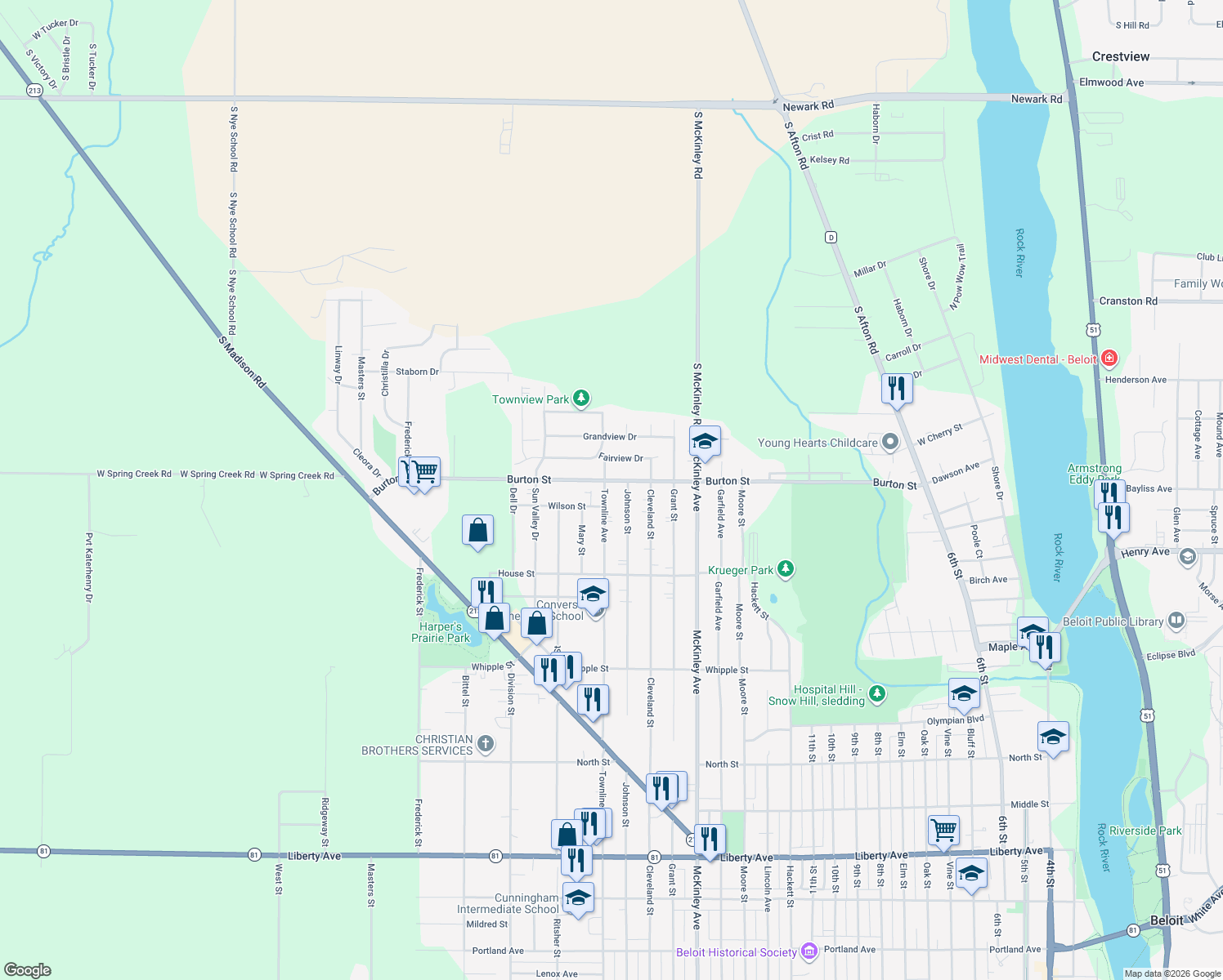map of restaurants, bars, coffee shops, grocery stores, and more near 1851 Townline Avenue in Beloit