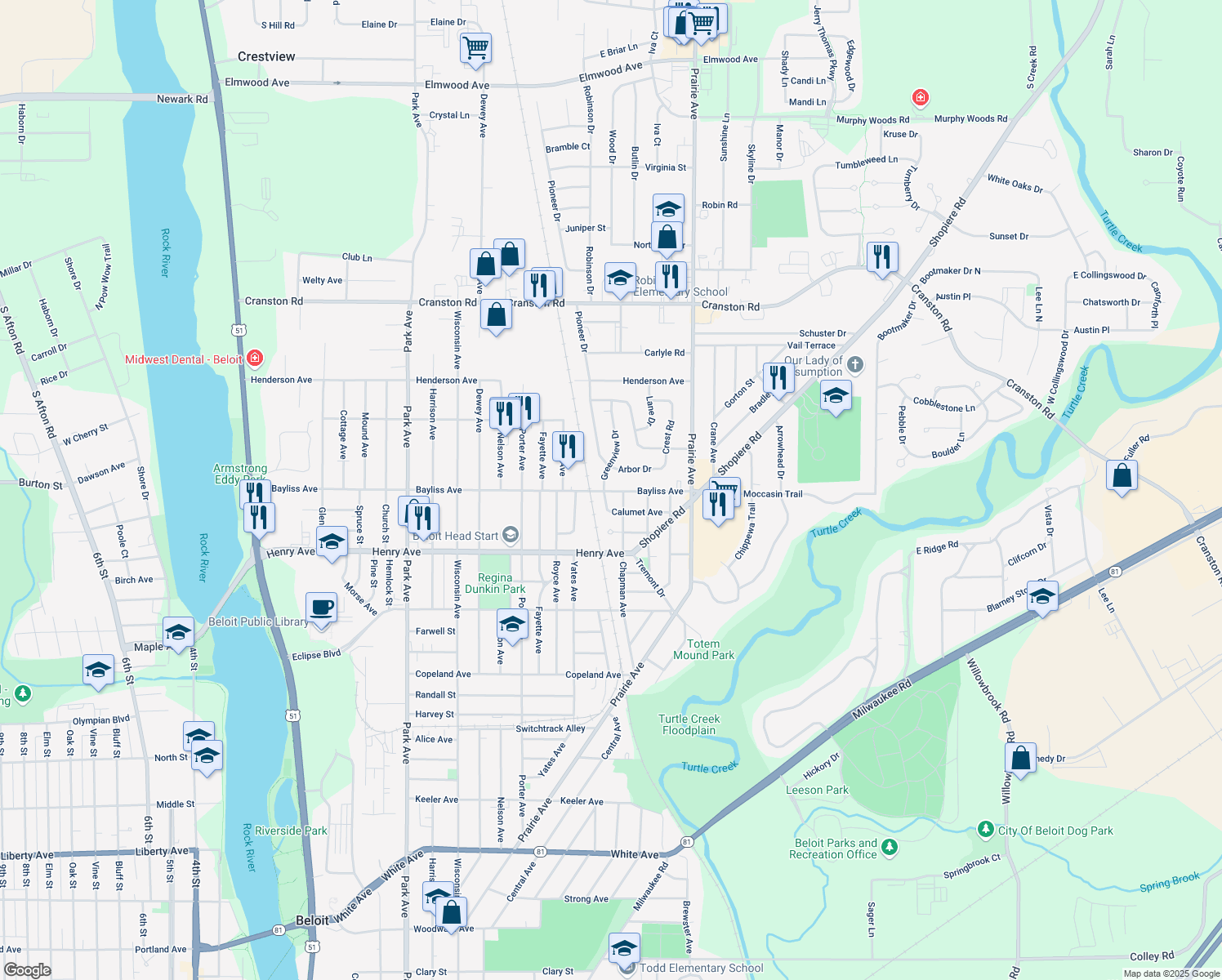 map of restaurants, bars, coffee shops, grocery stores, and more near 1609 Bayliss Avenue in Beloit