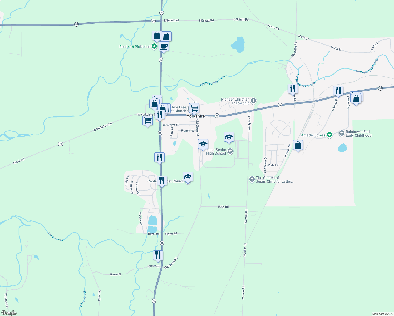 map of restaurants, bars, coffee shops, grocery stores, and more near 12117 Old Olean Road in Delevan