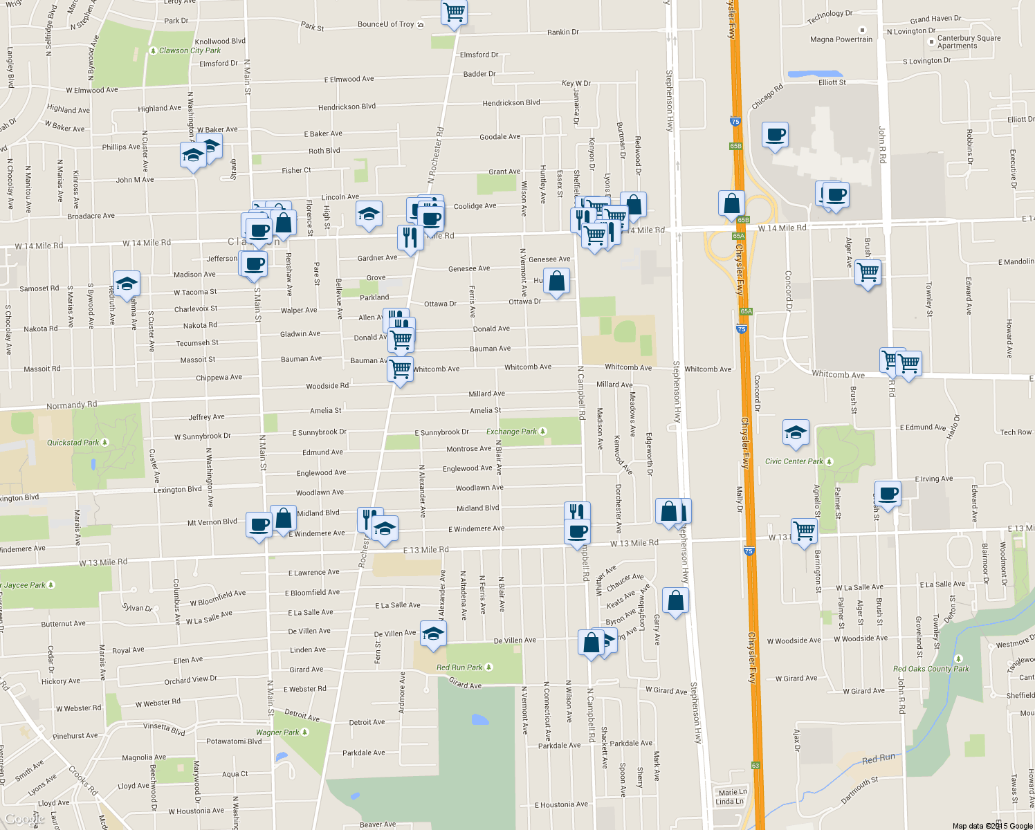 map of restaurants, bars, coffee shops, grocery stores, and more near 1302 Amelia Street in Royal Oak