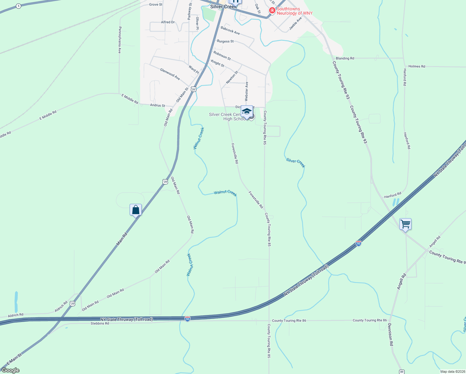 map of restaurants, bars, coffee shops, grocery stores, and more near 12115 Forestville Road in Silver Creek