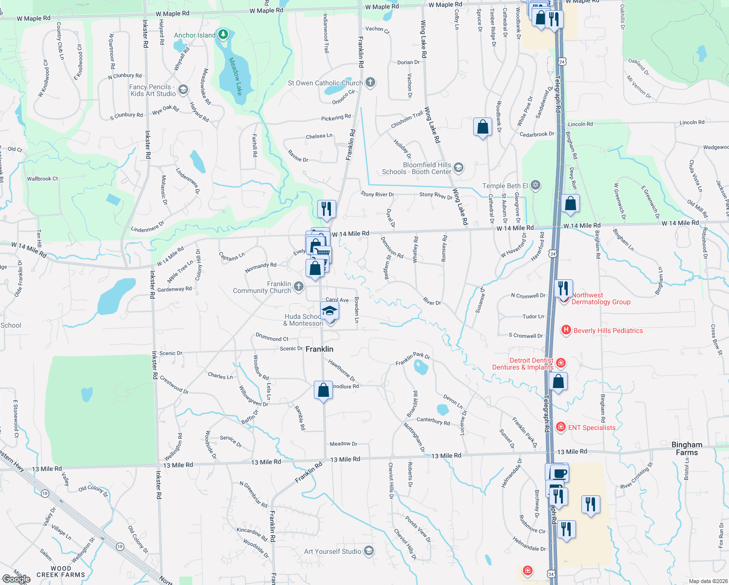 map of restaurants, bars, coffee shops, grocery stores, and more near 25885 German Mill Road in Franklin