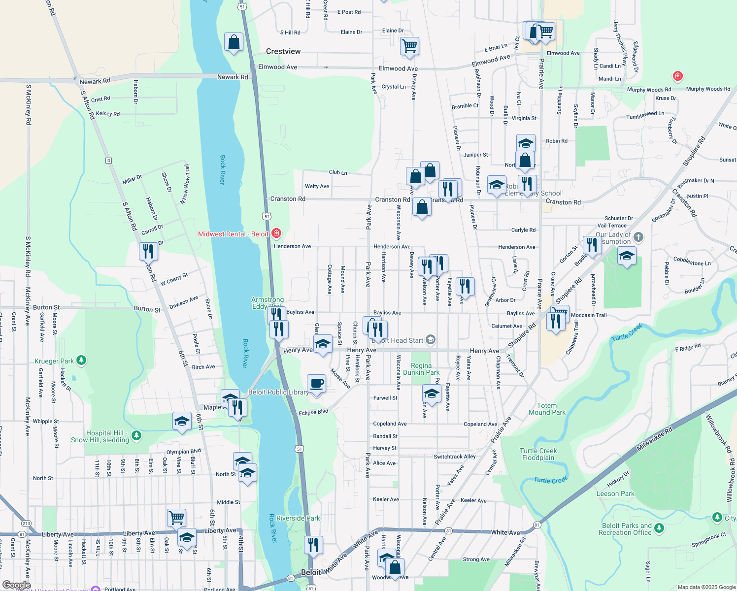 map of restaurants, bars, coffee shops, grocery stores, and more near 1939 Park Avenue in Beloit