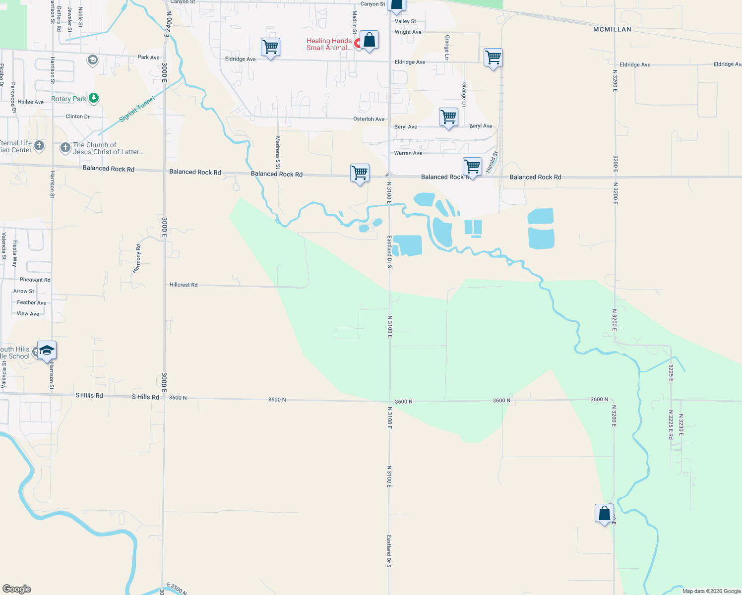 map of restaurants, bars, coffee shops, grocery stores, and more near 3092 Camille Lane in Twin Falls