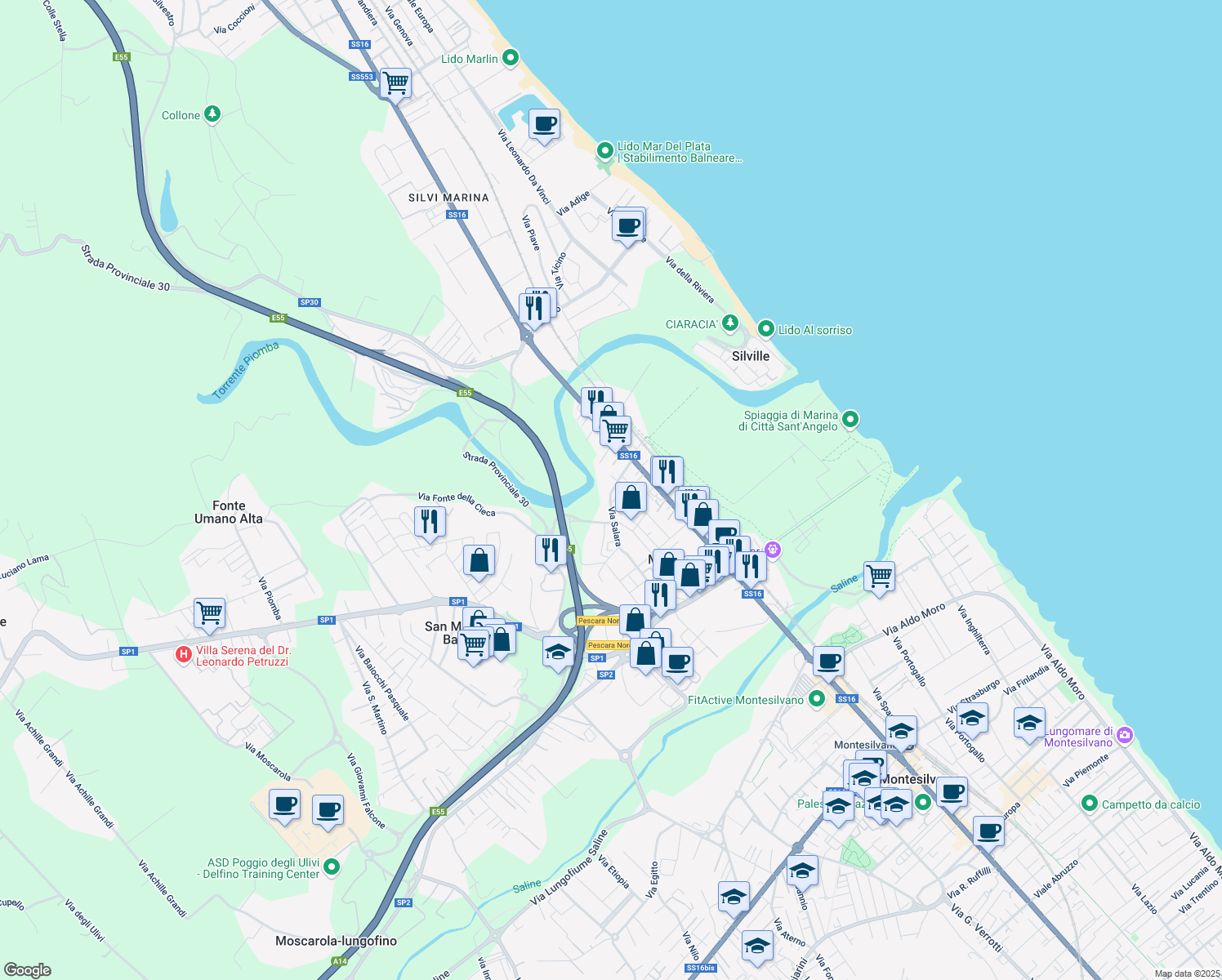 map of restaurants, bars, coffee shops, grocery stores, and more near 139 Via Salara in Marina