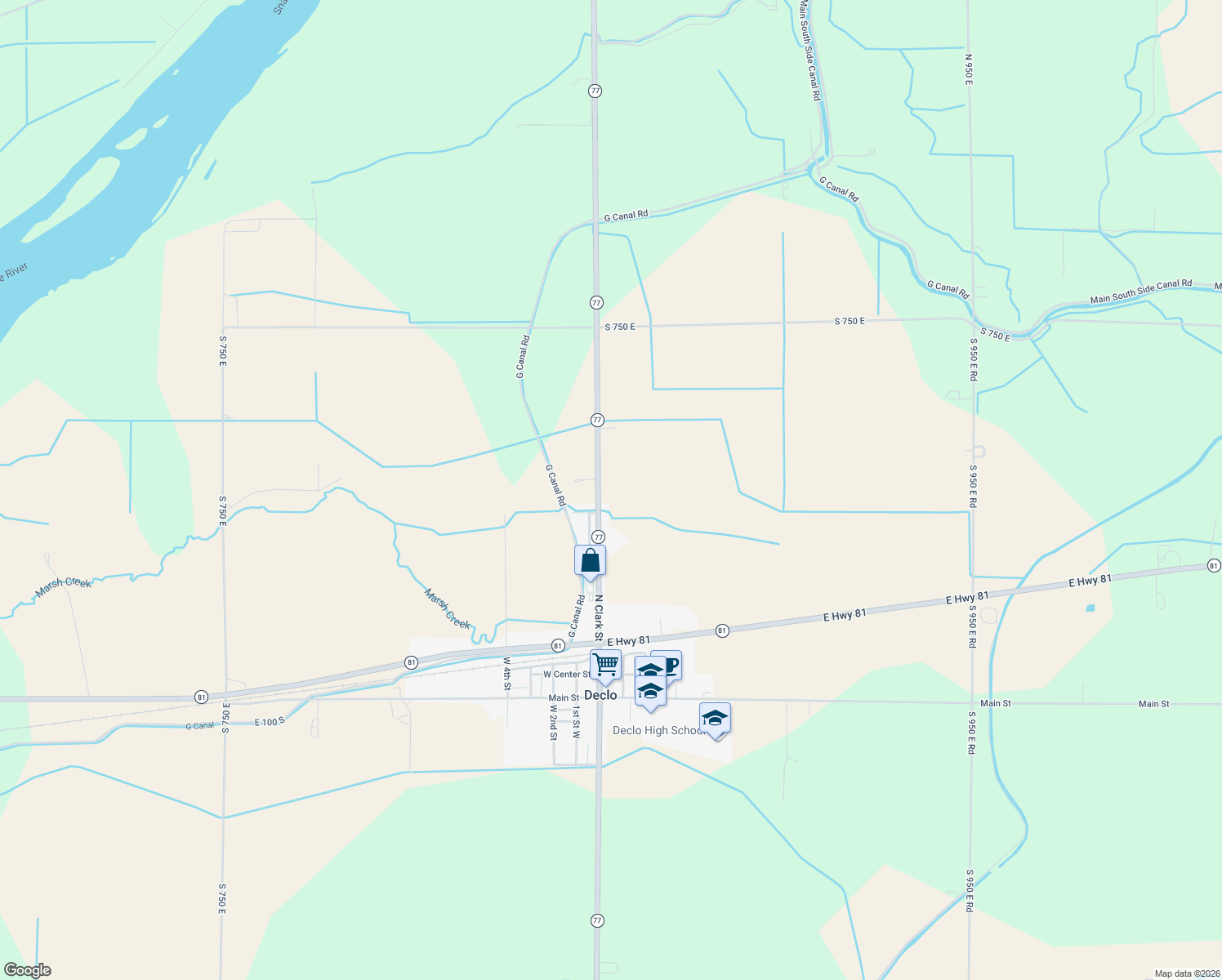 map of restaurants, bars, coffee shops, grocery stores, and more near 43 Idaho 77 in Declo