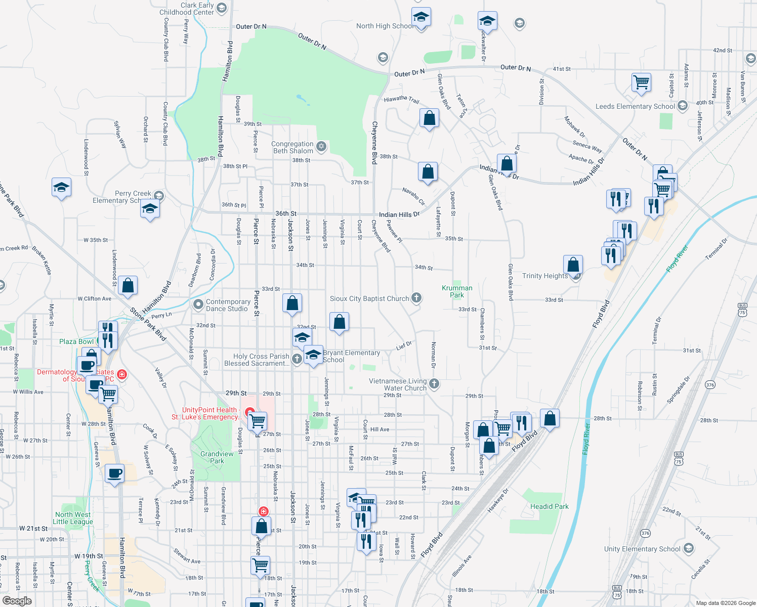map of restaurants, bars, coffee shops, grocery stores, and more near 3240 Viking Dr in Sioux City